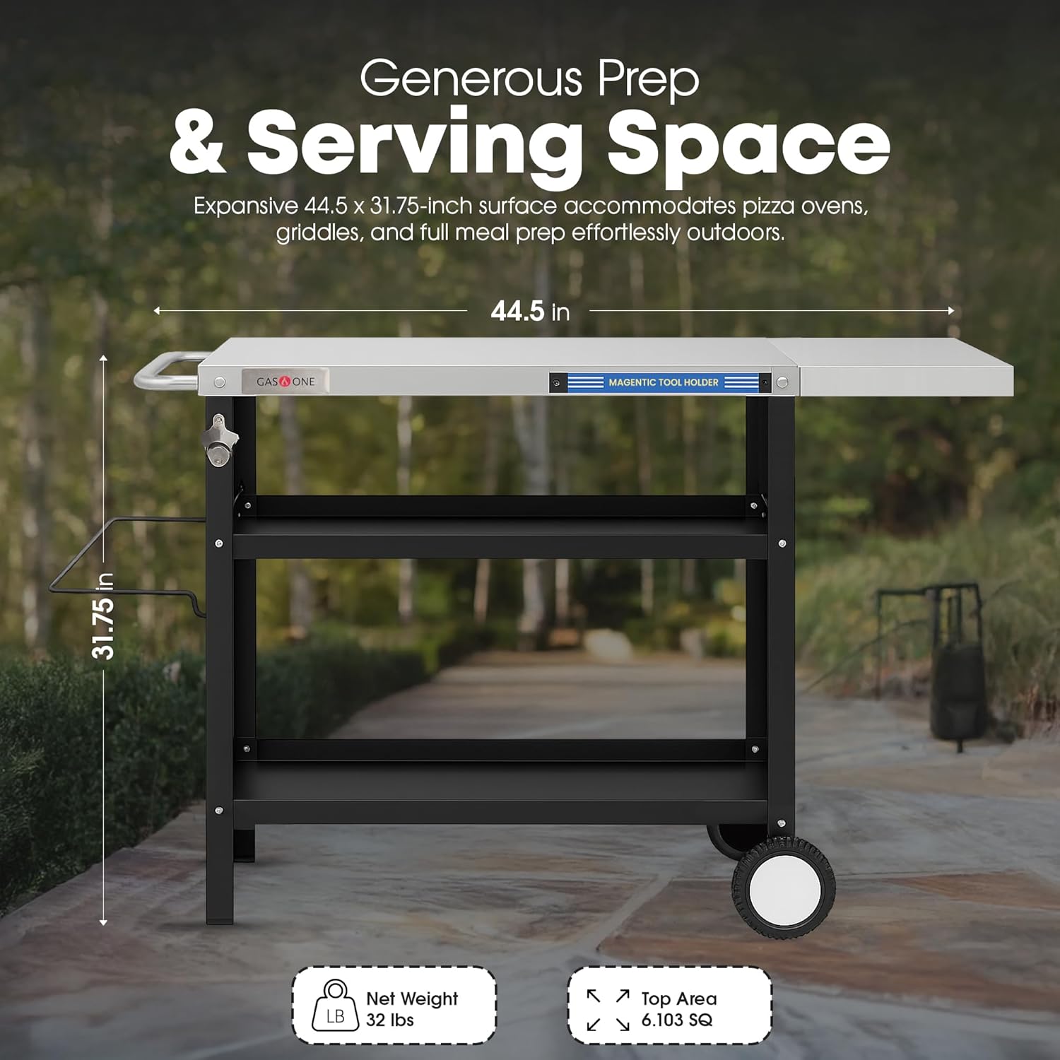 GasOne Stainless Steel Grill Table – 44 x 20-inch Rolling Grill Cart – Multifunctional Outdoor Side Table with Side Shelf, Trash Bag Hanger, Tool Holder – Ideal for Food Prep, Pizza Oven, Griddle