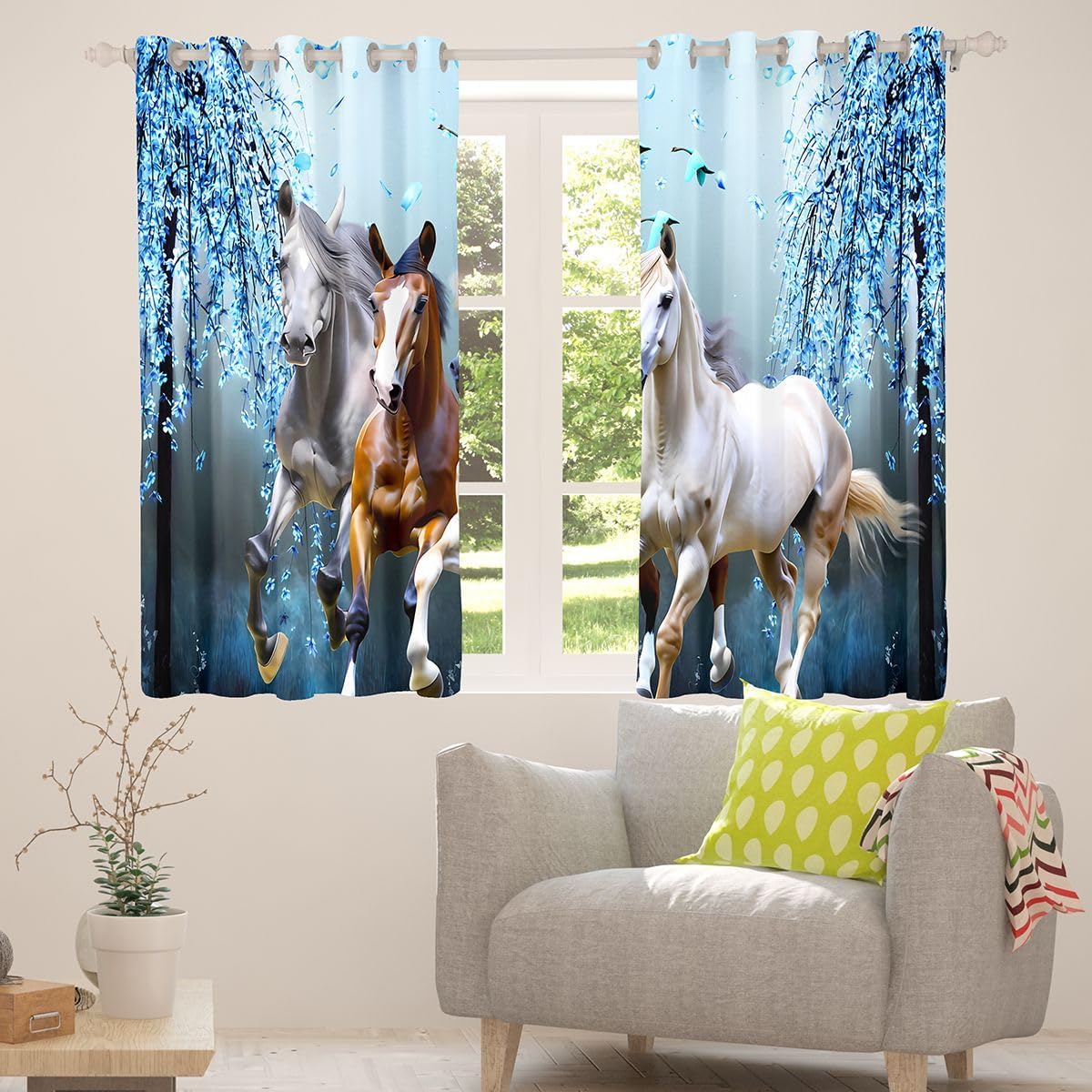 Boys Horse Curtains Cherry Blossom Branches Steed Kids Window Curtains for Bedroom Living Room for Girls Teens Galloping Horse Window Drapes Dreamy Blue Decor Window Treatments 42W X 63L，2 Panels