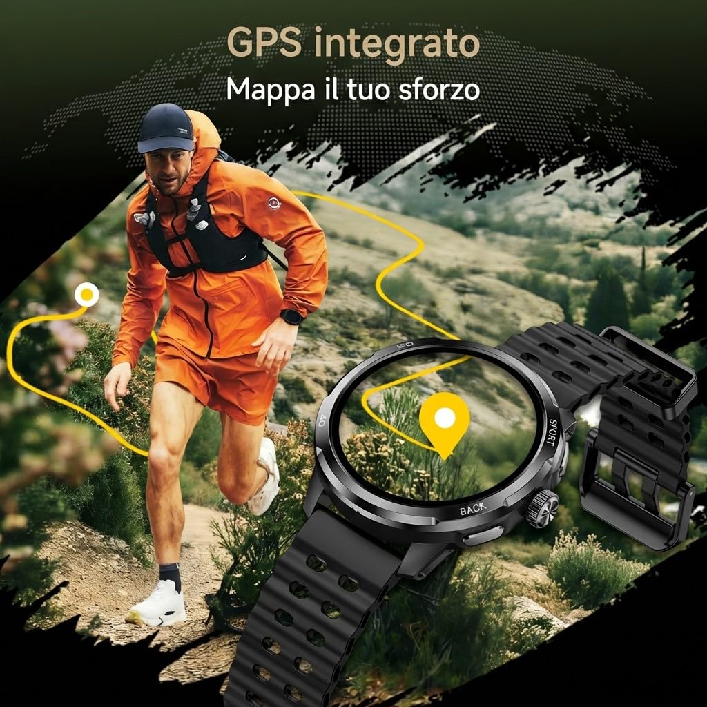 Watch Pro - Orologio da uomo militare con GPS, Bussola, ChatGPT, chiamate Bluetooth, frequenza cardiaca, orologio sportivo con più di 100 modalità sportive