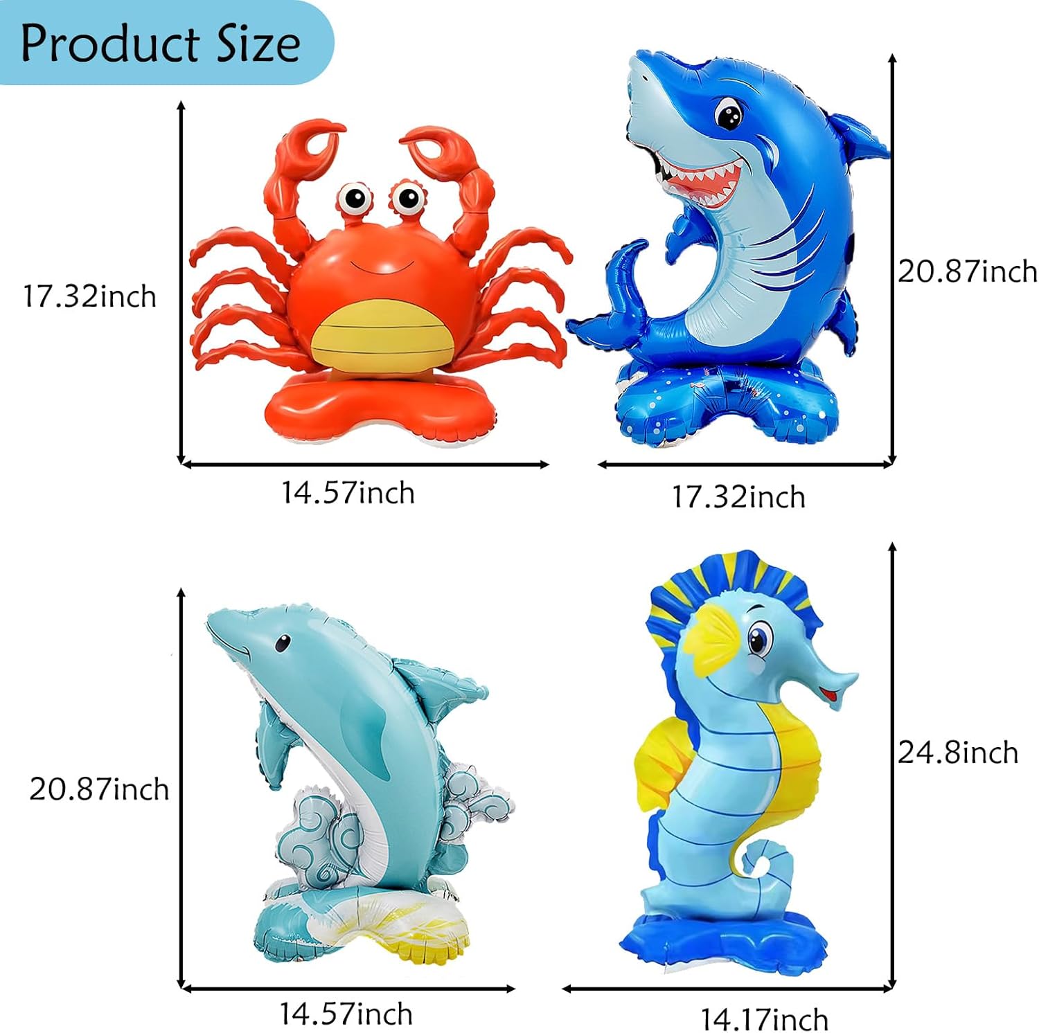 6PCS Standing Sea Animal Aluminum Foil Balloons, Shark Crab Seahorse Dolphin Turtle Seal Shape Balloons Decorations for Kids Birthday Ocean Animal Theme Party - Image 2
