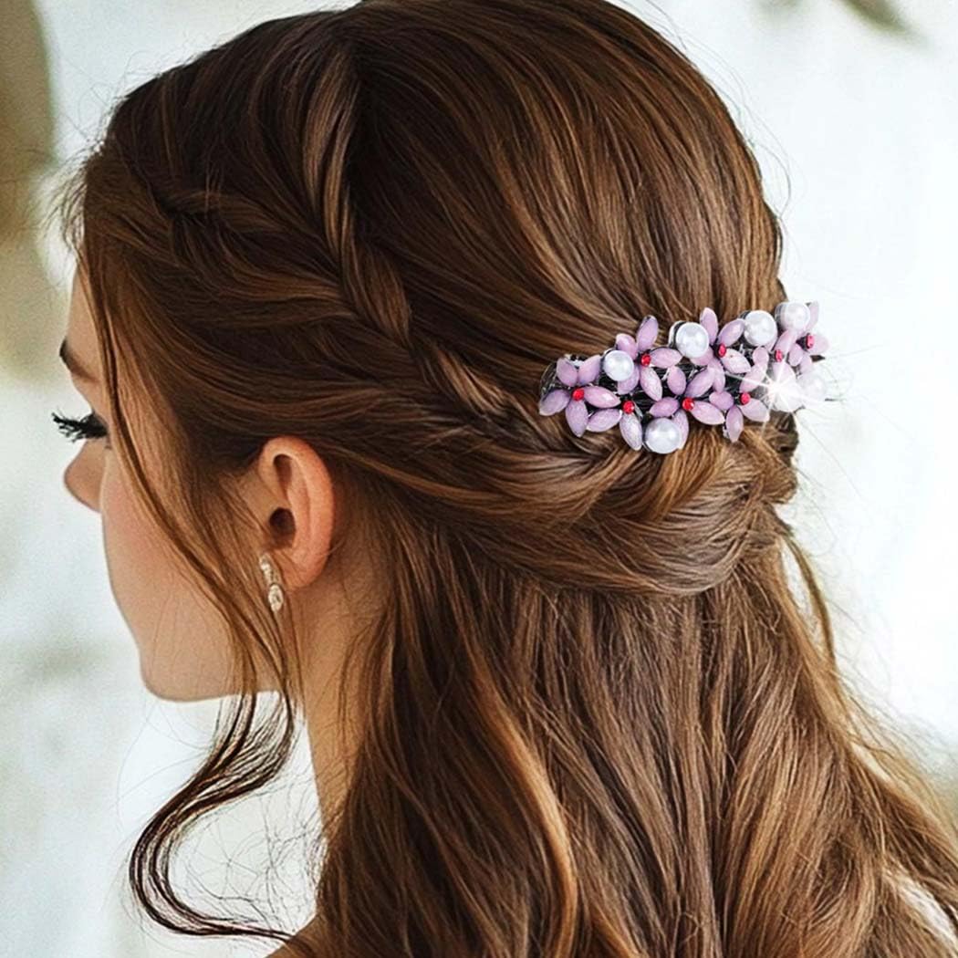 Flower French Hair Clips Barrette Pearl Hair Barrettes Vintage Hair Accessories for Women (Pack of 2) (Black Blue and Pink)