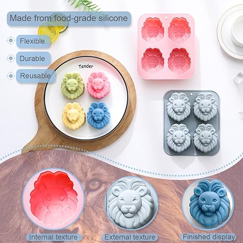 Miniatura 3 de Paquete de 2 moldes de silicona con cabeza de león, 4 cavidades 3D con forma de cabeza de león macho, bandeja para bricolaje, herramientas de