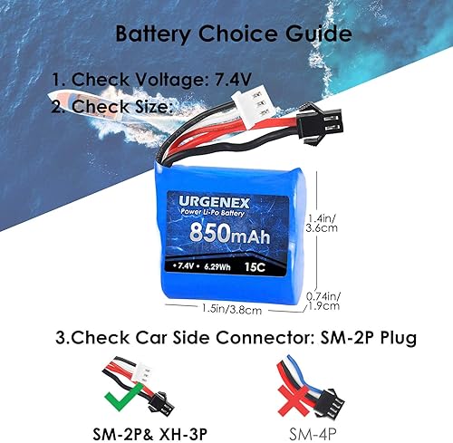 Miniatura 6 de URGENEX 7.4V Lipo Batería 850mAh 2S RC Barco Batería con SM 2P Plug 6.29Wh H100 Baterías para Skytech H100 H102 RC Barcos
