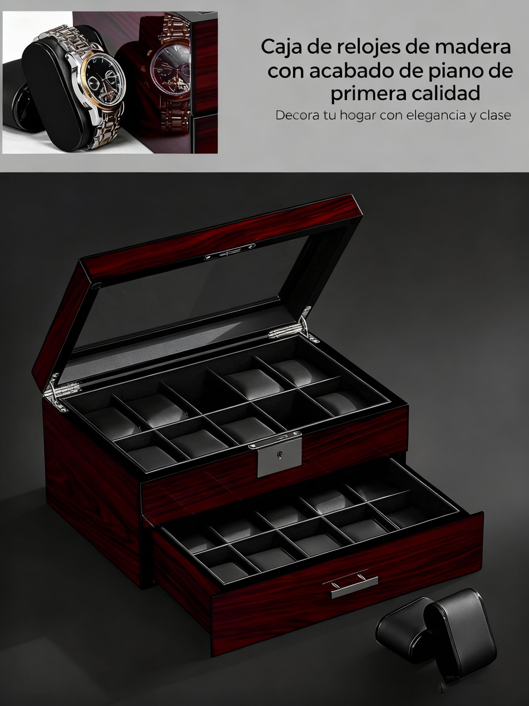 ANWBROAD Caja para Relojes 20 Compartimentos Con Cerradura Vitrina 2 Niveles JWB002Y