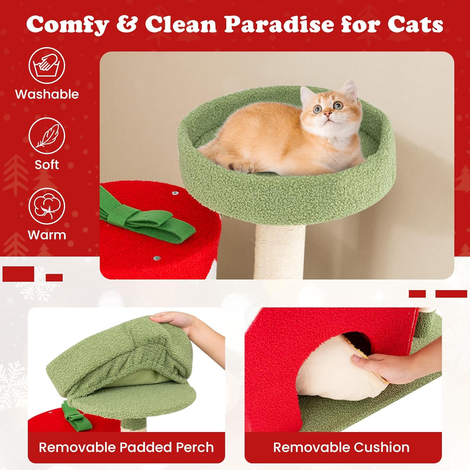 Tangkula Christmas Cat Tree, 61” Tall Cat Tower with Sisal Scratching Posts & Climbing Ladder, Plush Perch, Gift Box Shaped Condo, Hanging Toys, Basket Bed, Cute Cat Tree Tower Holiday Decoration