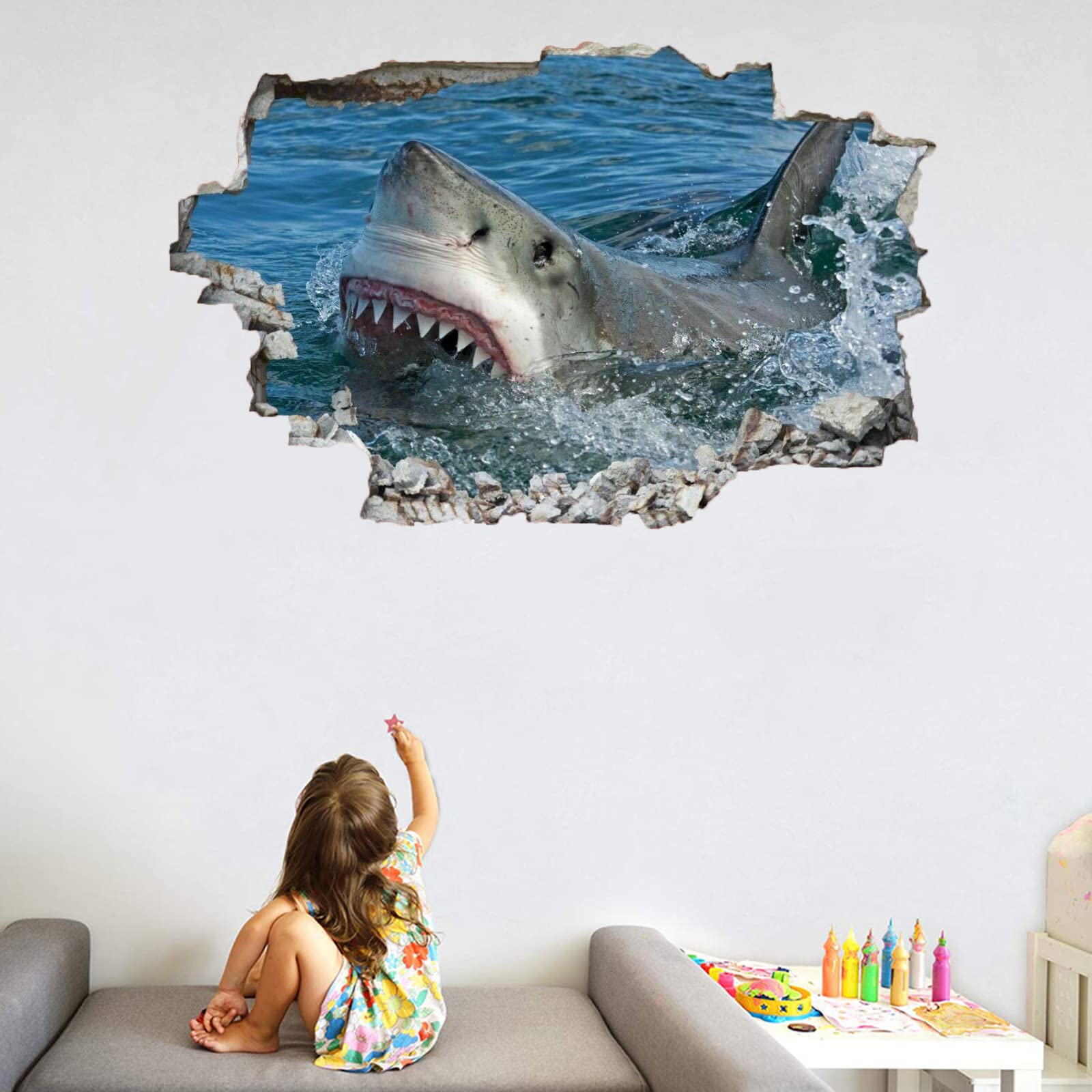 Squalo Decalcomanie Da Muro Art 3D Fracassato Animale Adesivi Murali Removibili Carta Da Parati Camera Da Letto Autoadesivo Per Ragazze Camera Da Letto Nursery Home Decor Gift 75x113cm