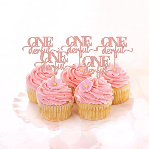 Miniatura 7 de Ercadio Onederful - Paquete de 24 adornos para cupcakes con purpurina de oro rosa Onederful para cupcakes para baby shower, niños, primer