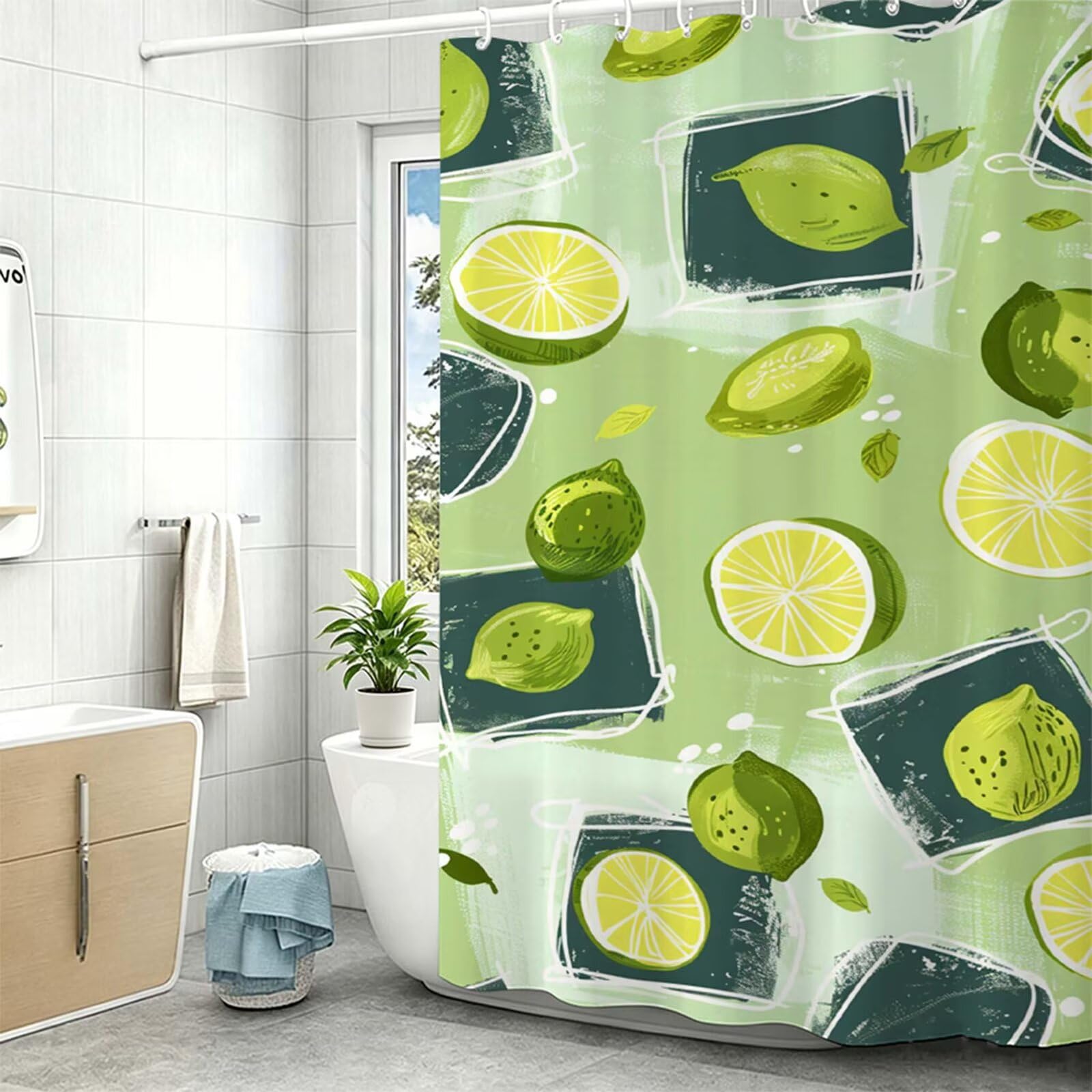 Tenda Doccia in Poliestere verde,Tende per Doccia Extra Lunga 230x180cm,limone Tenda Vasca da Bagno Tessuto Lavabile,Impermeabile e Facile da Pulire,con 12 Ganci,Decorazione per Bagno,Hotel Z-408