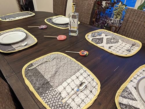 Handcrafted in the USA, Set of 6 Patchwork Quilted Placemats 100% Cotton Embodying Farmhouse Elegance in Artisan's Harmony of Grey Shades and yellow