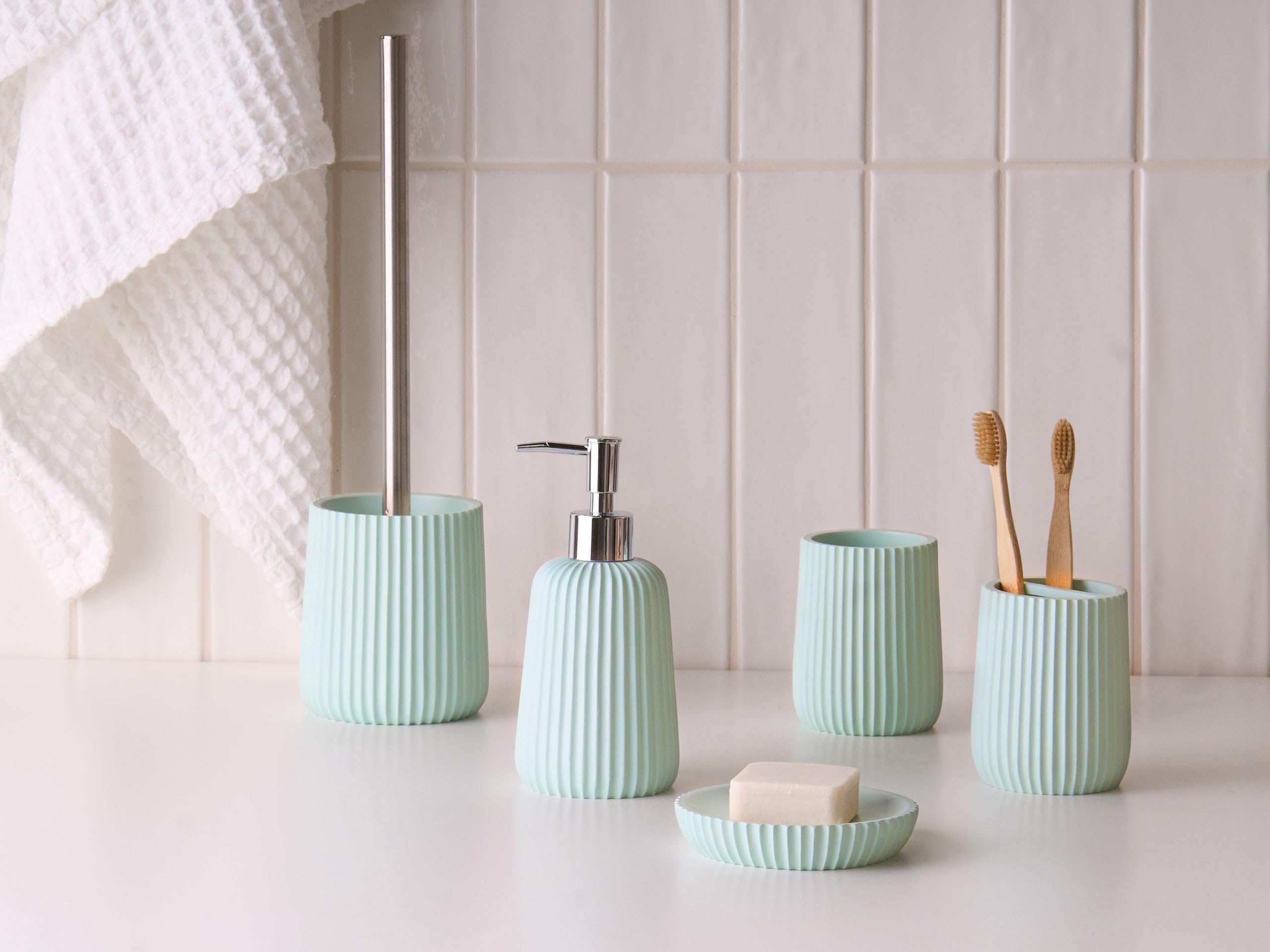 Conjunto de 5 Accesorios de baño jabonera dispensador de jabón escobilla de Inodoro Vaso Soporte para cepillos de Dientes Verde Menta Pozuzo
