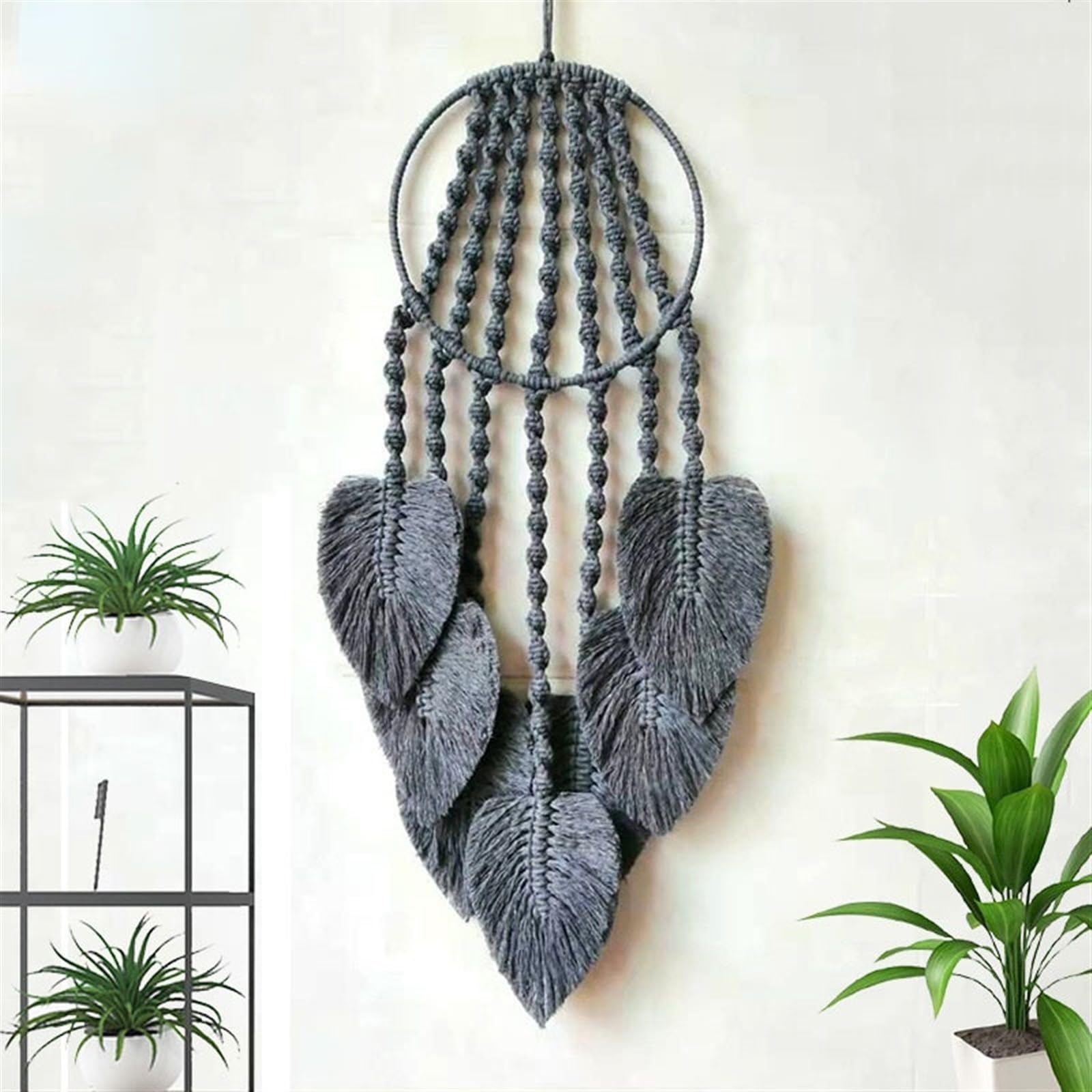 Atrapasueños Atrapasueños de macramé con Forma de aro y Hojas de Plumas for Colgar en la Pared, Adorno Artesanal for decoración del hogar, Tapiz Tejido a Mano(Grey)