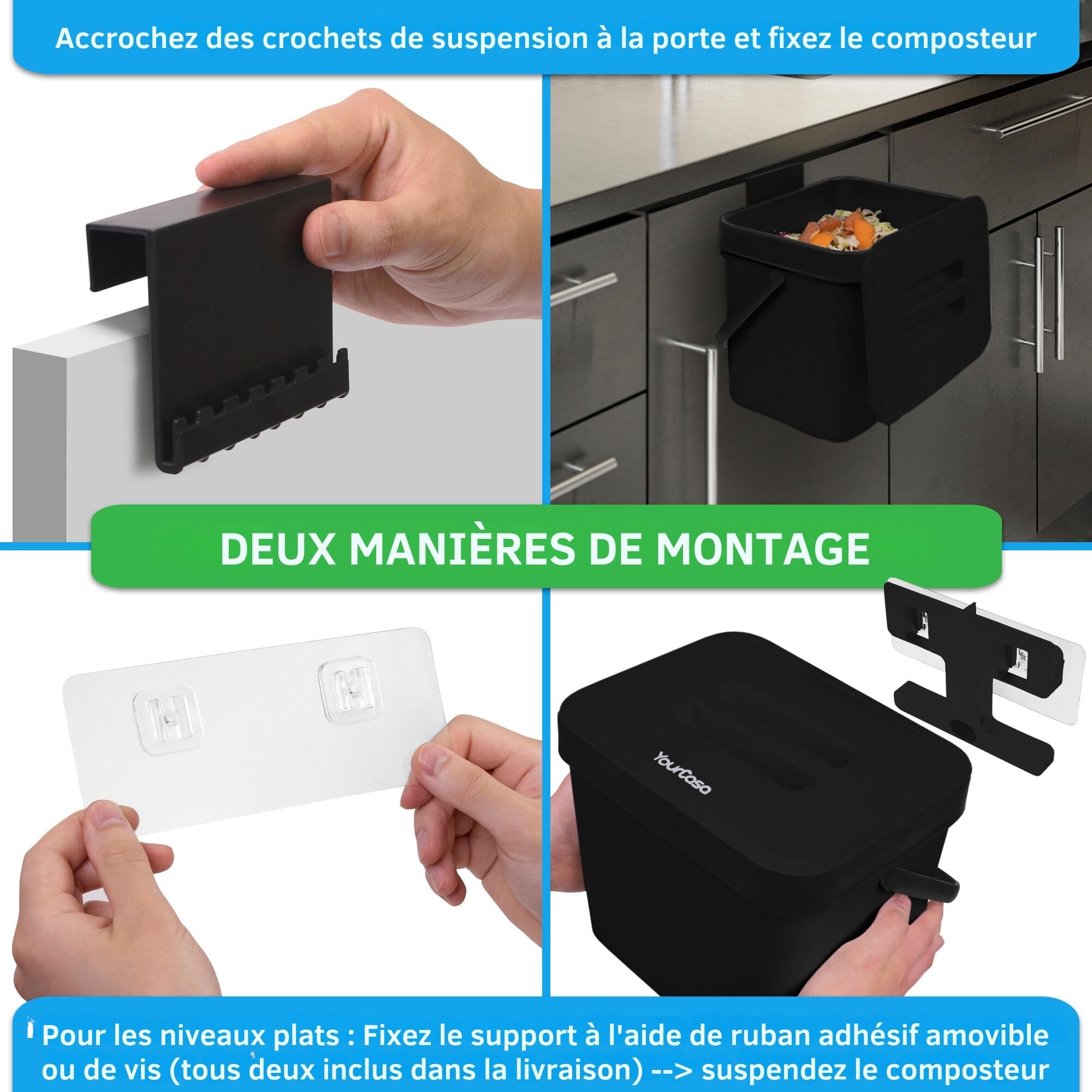 YourCasa® Poubelle de cuisine 7L à suspendre - Passoire à compost - Passe au lave-vaisselle - Anti-odeurs (noir)