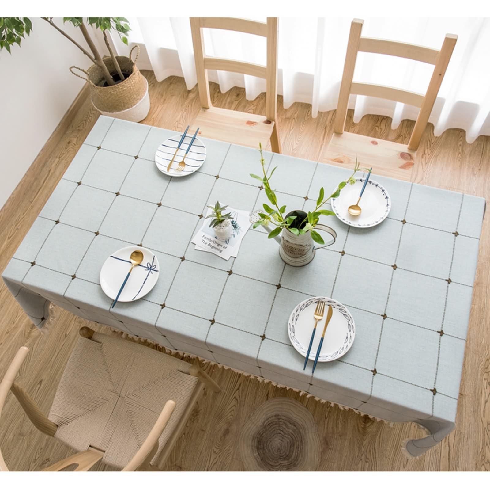 Mantel rectangular de algodón, lino, lavable, antimanchas, con pompones para hogar, restaurante, banquete, color gris y azul, 140 x 140 cm