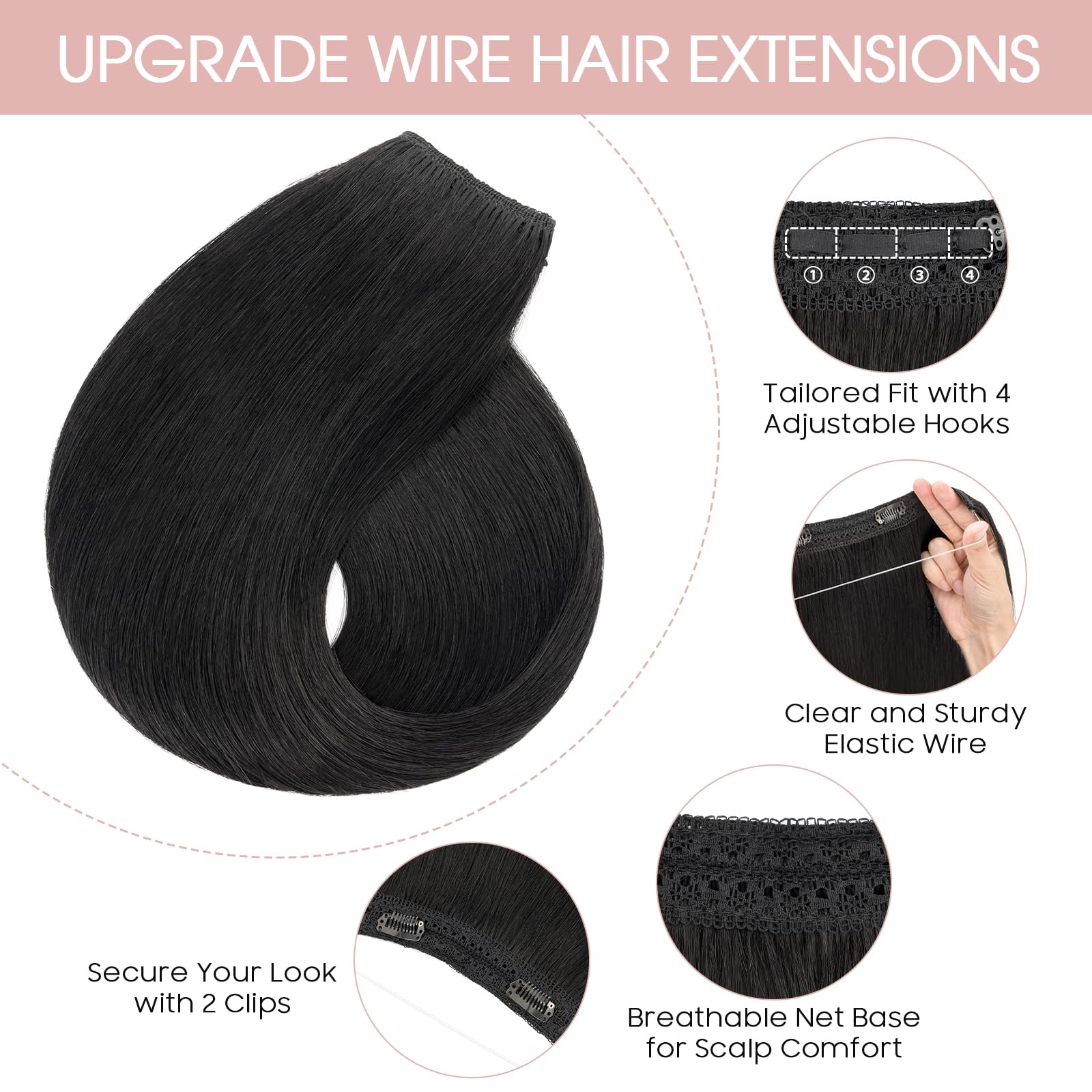 Silk-co Secret Wire In Hair Extensions With Clip Invisible Remy Human Hair One Piece Straight Natural Invisible Adjustable Secret Wire Hairpiece Extensions 14 Inch-60g #01 Jet Black - Image 2