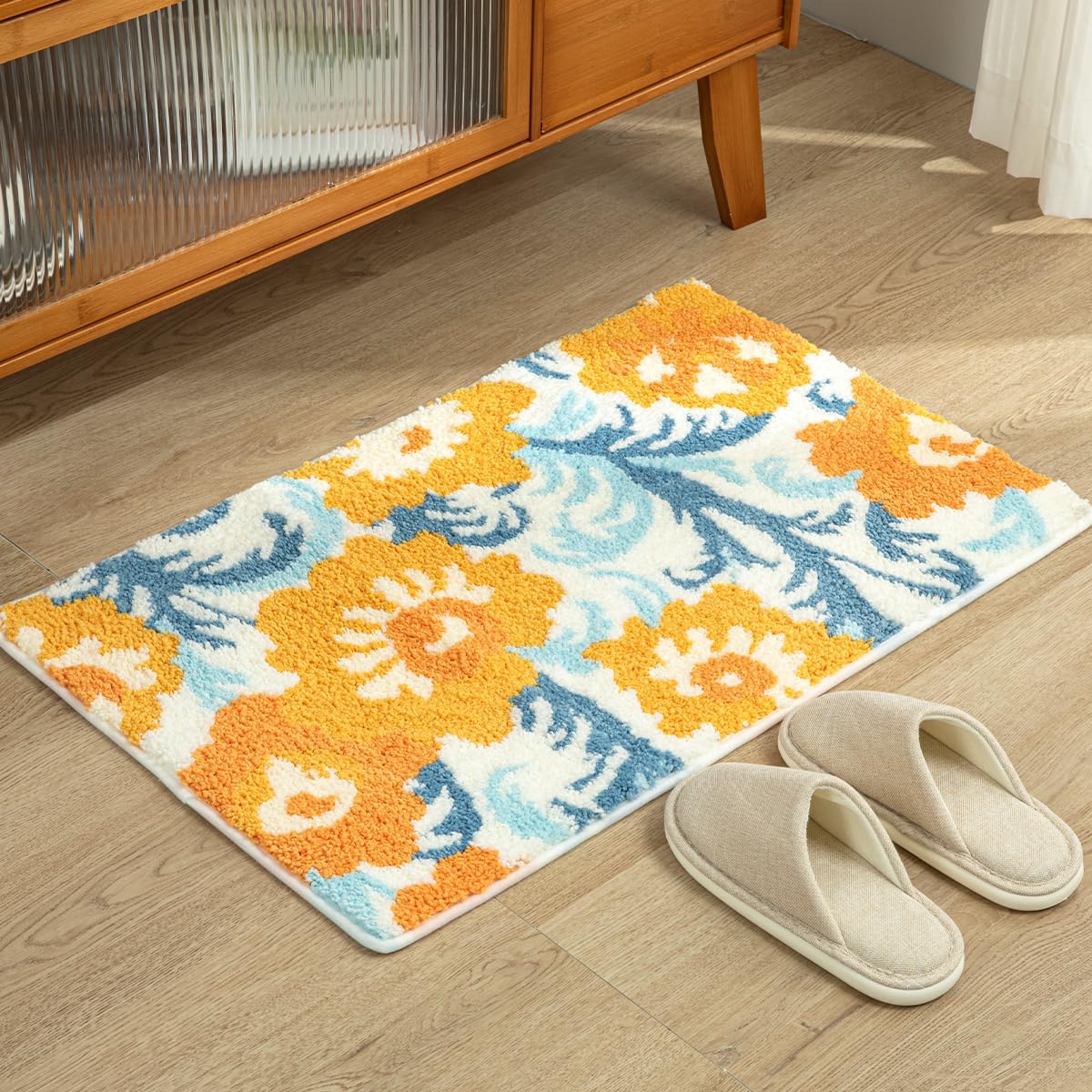 Cute Floral Bathroom Rug Ultra Absorbent and Non Slip Bath Carpet Machine Washable Super Fluffy Mat for Bath Tub, Bedroom and Dining Room (23"x16", Blue)