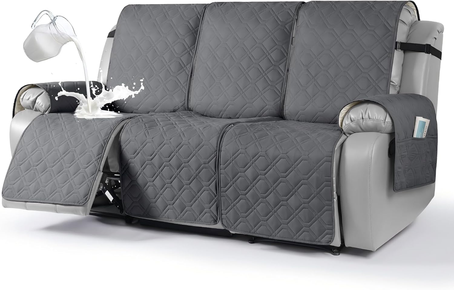 VANSOFY Waterproof Recliner Couch Covers, Sofa Covers 1-Piece Washable Reclining Sofa Cover Non-Slip Furniture Protector with Elastic Straps Pocket for Dogs, Pets(Dark Gray,3 Seater)