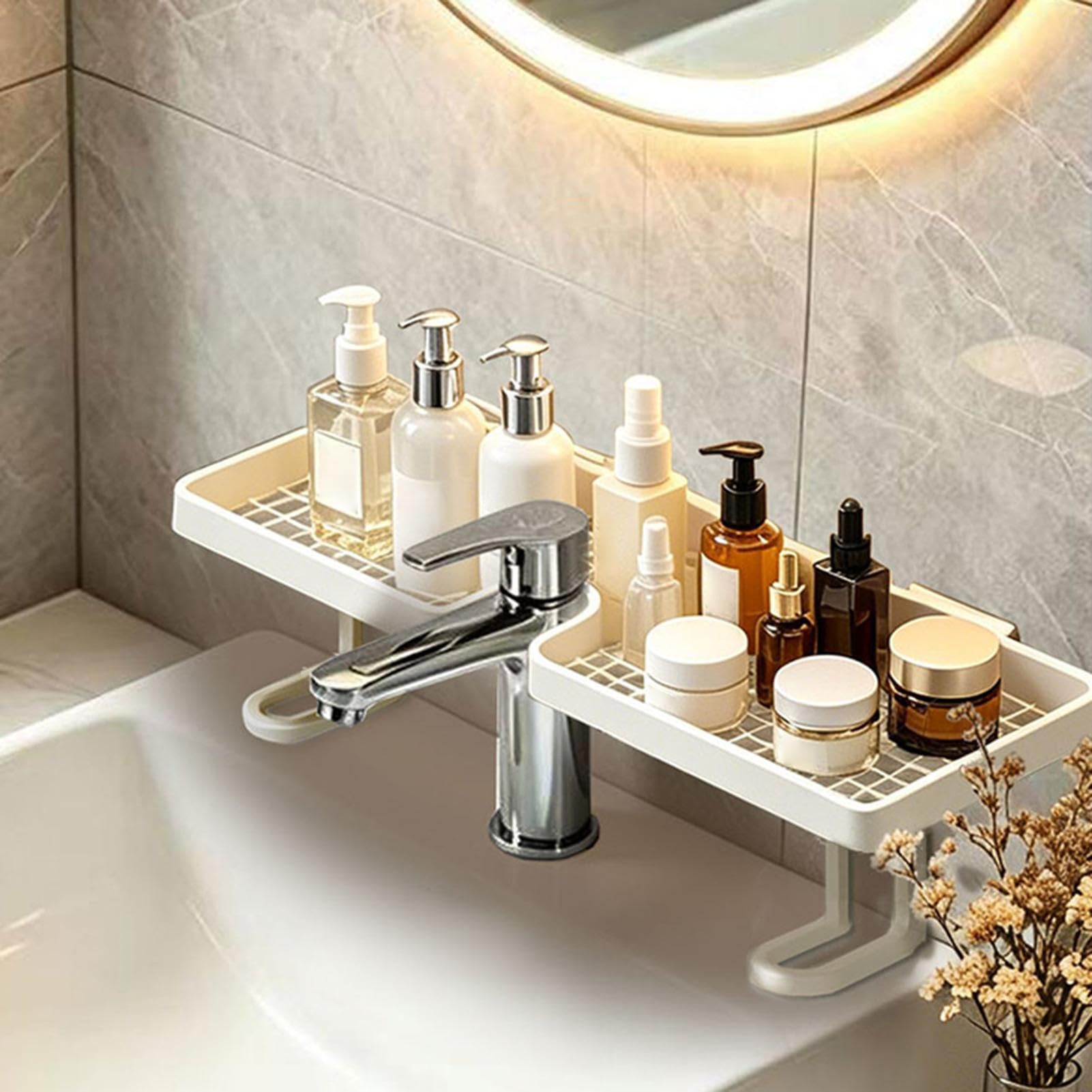 Generico Scaffale per lavello senza foratura, scaffale per rubinetto sopra il lavello, drenaggio facile, organizer da appoggio salvaspazios per cucina e bagno, 50x11x10 cm