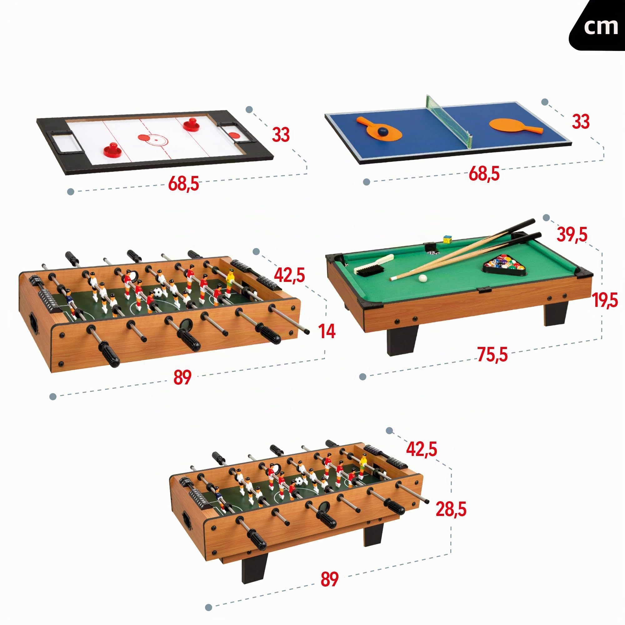 ColorBaby CB Games - Tavolo multigiochi 4 in 1, Dimensioni 81 x 43 x 27 cm, Calcio Balilla, Biliardo, Ping-Pong, Hockey, Gioco da Tavolo, Calcio Balilla per Bambini, multigioco, 6 Anni (85327)