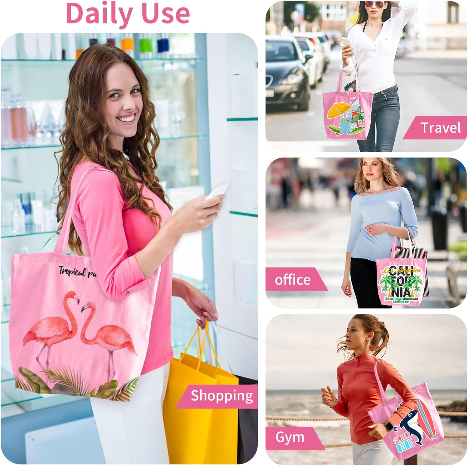 10 Pack Canvas Tote Bag with Zipper, Reusable Grocery Bags with Long Handle, DIY Heat Transfer Sublimation Blanks Shopping Bags for Advertising, Birthday, Valentine's Day, Christmas Gift Bags - Image 4