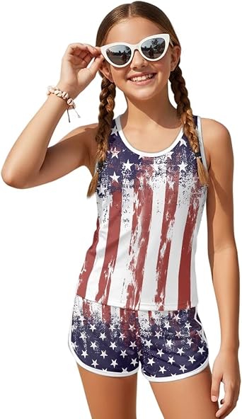 Girls Two Piece Swimsuit Kids Swimwear Sleeveless Beach Bathing Suit with Boyshort Summer Vacation