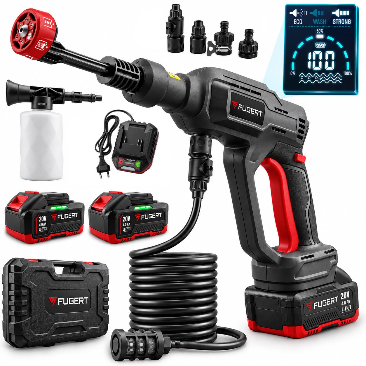 FUGERT Akku Hochdruckreiniger 20V Max. 110 Bar 3-Gang Modus 2X 4.0Ah | Bürstenloser Mobiler Hochdruckreiniger Akku mit LCD, 6in1 Düse, 5m Schlauch und Wasseransaugung aus Behältern