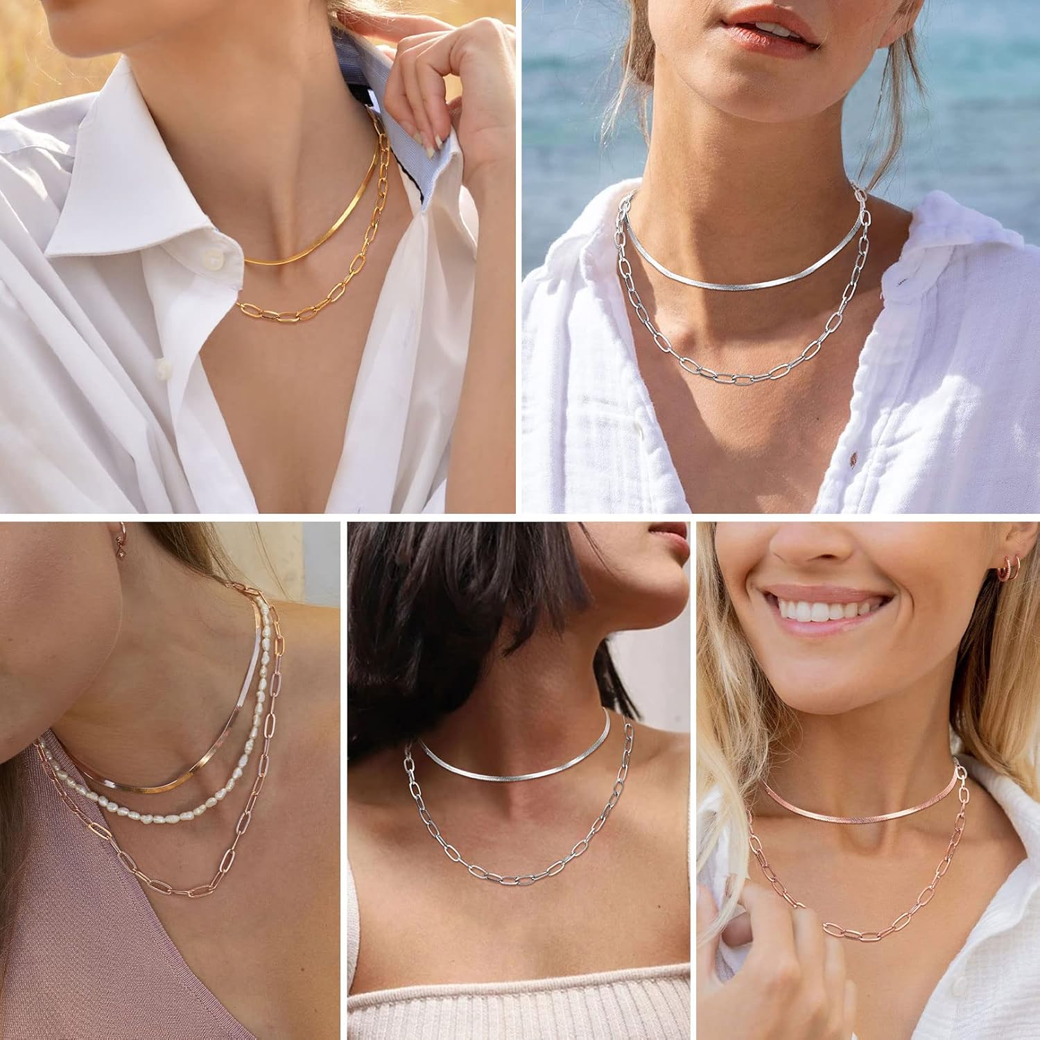 FOCALOOK 14K Gold Plated Necklaces for Women, Fashion Herringbone Choker Necklace Stainless Steel Flat Snake Chain 3/5MM(W) 12.5"/15"/18"+3.5"(L) - Image 2