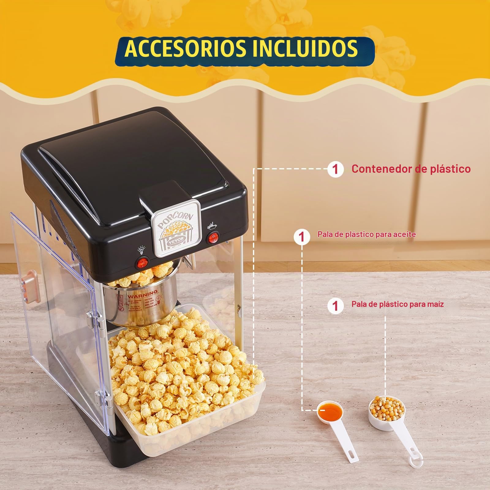 VEVOR Máquina para Hacer Palomitas de Maíz, 300 W, Máquina para Hacer Palomitas de Maíz de Sobremesa con Puerta de Polipropileno, Incluye 2 Palas y Bandeja, Estilo Cine, Negro, 240 x 275 x 475 mm