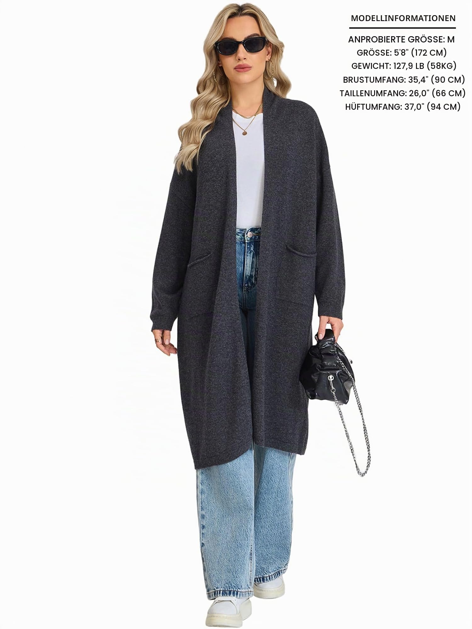 Damen 100% Merinowolle Lange Strickjacke Offenem Vorderteil
