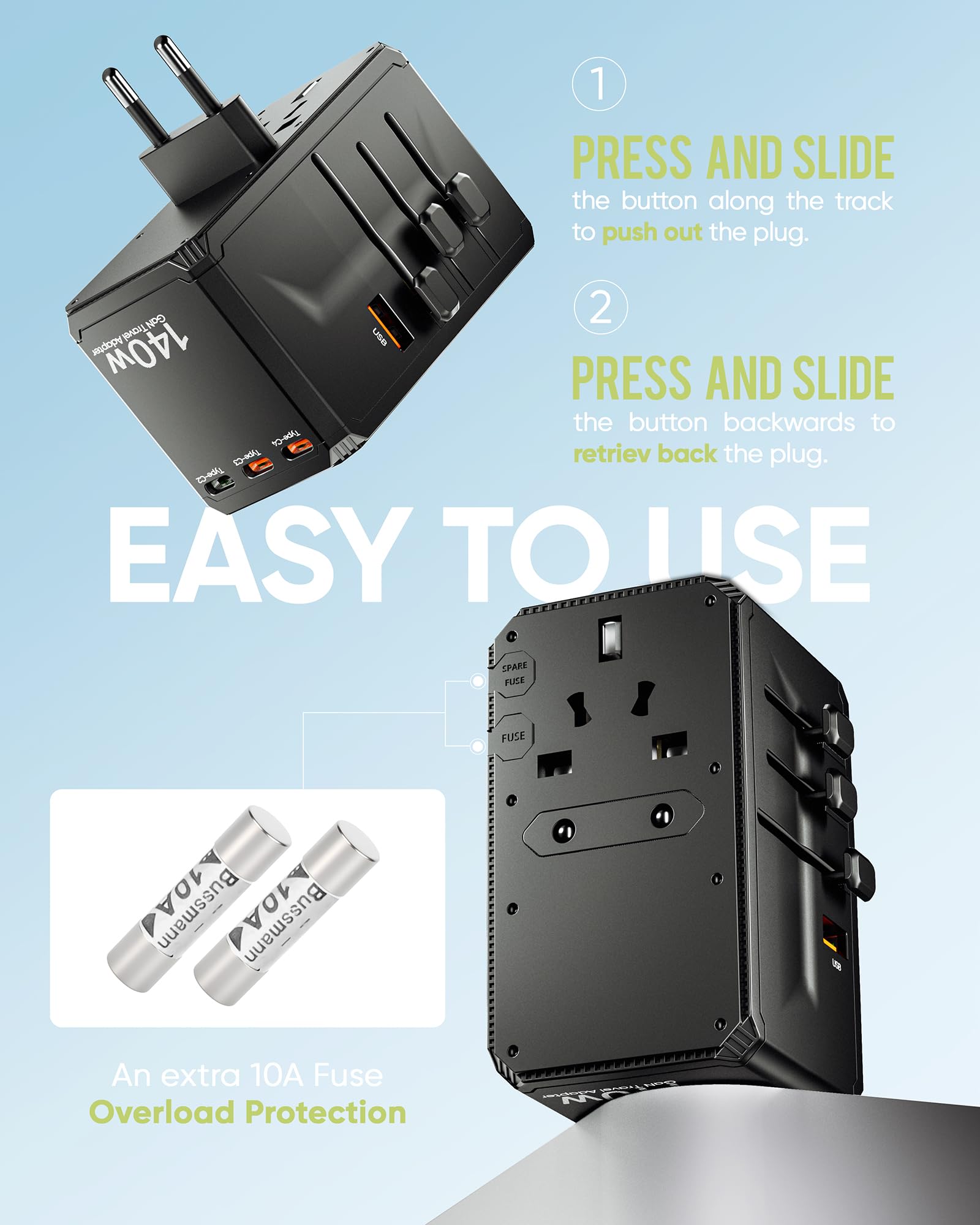 TenTrend - Adattatore da viaggio universale, adattatore CA internazionale da 140 W con 4 porte USB-C e 1 porta USB-A, adattatore spina da viaggio europea, essenziale in tutto il mondo