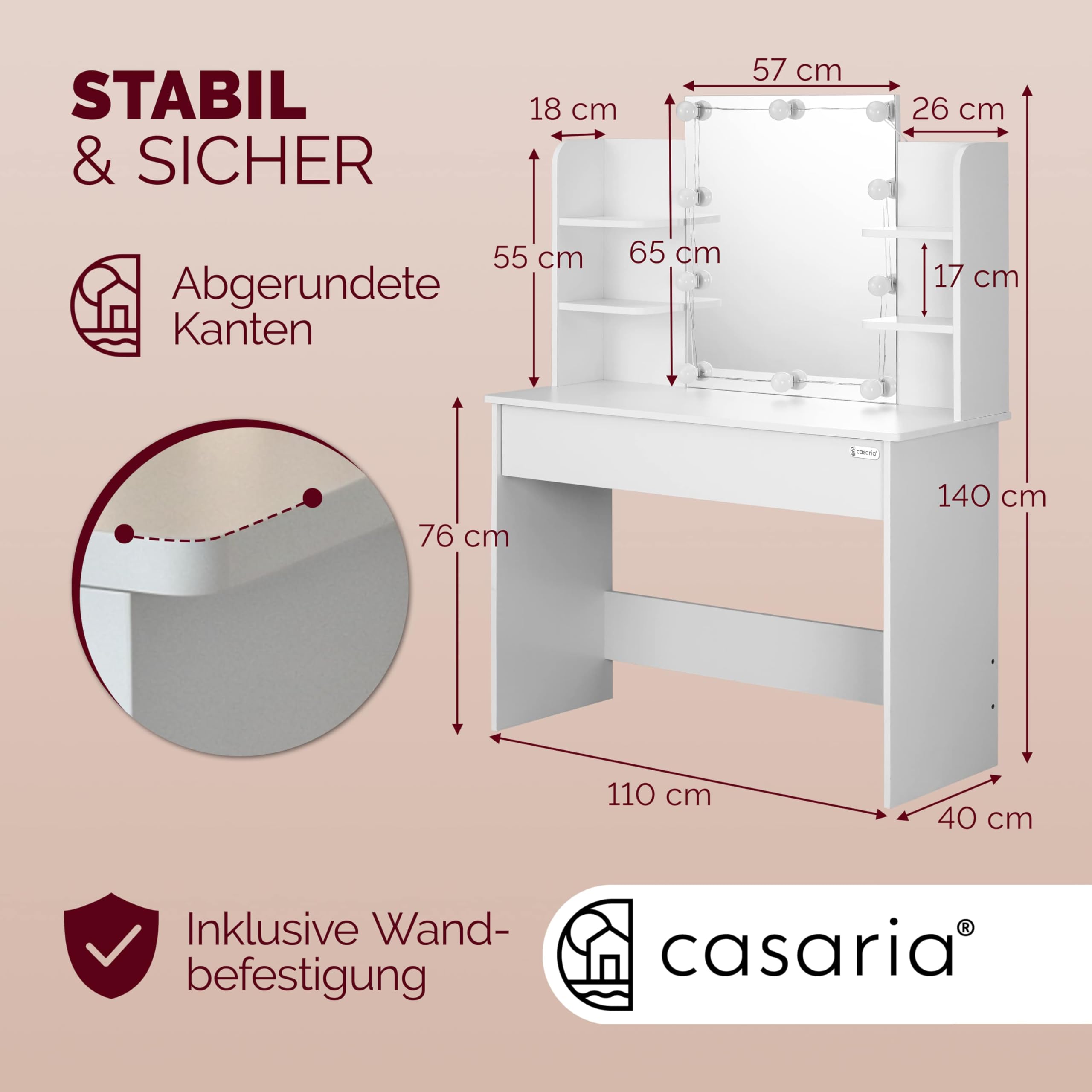 Casaria® Schminktisch mit LED Beleuchtung und Spiegel | 110x40cm, Holz, Frisiertisch, Kosmetiktisch, 10 Glühbirnen, Fernbedienung, Schublade, Organizer, 4 Ablagen, Vanity Desk