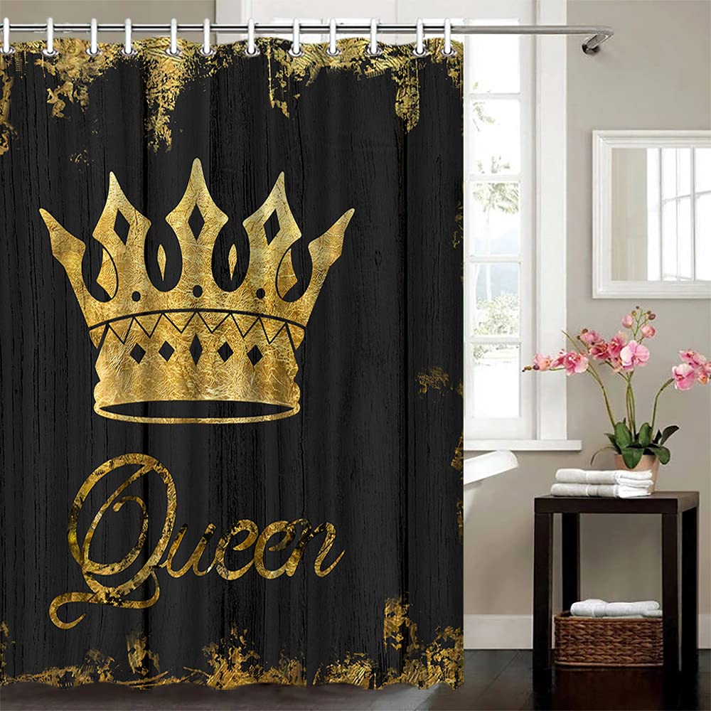 Duschvorhang Afro-Paar Design – Schwarz Mit Goldener Krone, Wasserdicht, 183 X 183 Cm, Inkl. 12 Haken