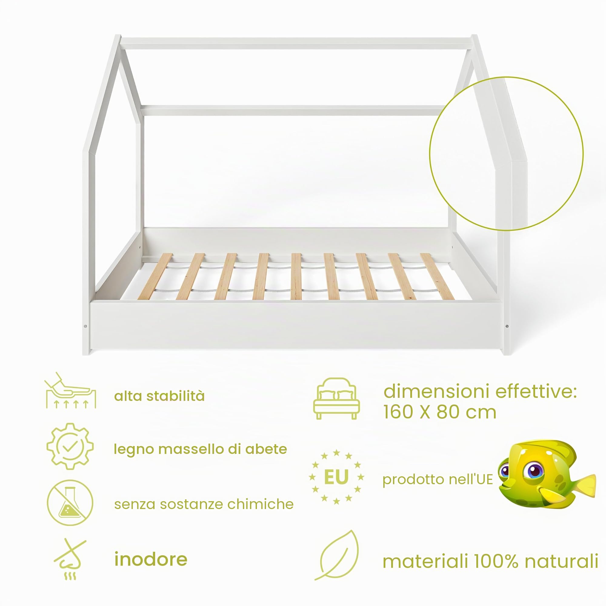 MS FACTORY Letto Casetta in Legno Massello 80x160 cm con Telaio a Doghe - Letto per Bambini Singolo - Stile Scandinavo Nordico Montessori - Bianco