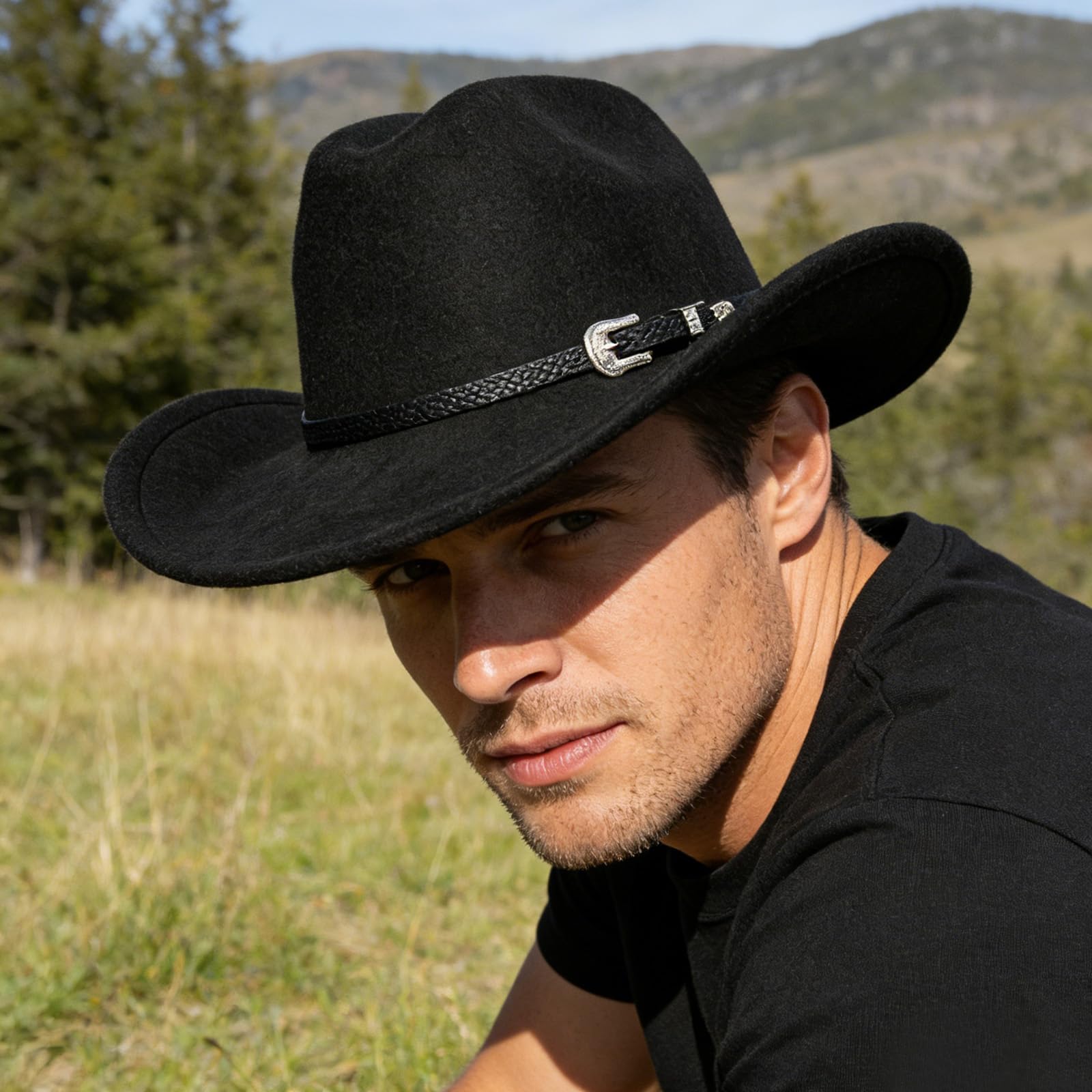 Cowboy Hut Wide Brim Fedora mit Band für Männer Frauen,Klassische Cowgirl Panama Hüte für Outdoor Fancy Kleid Kostüm,Schwarz