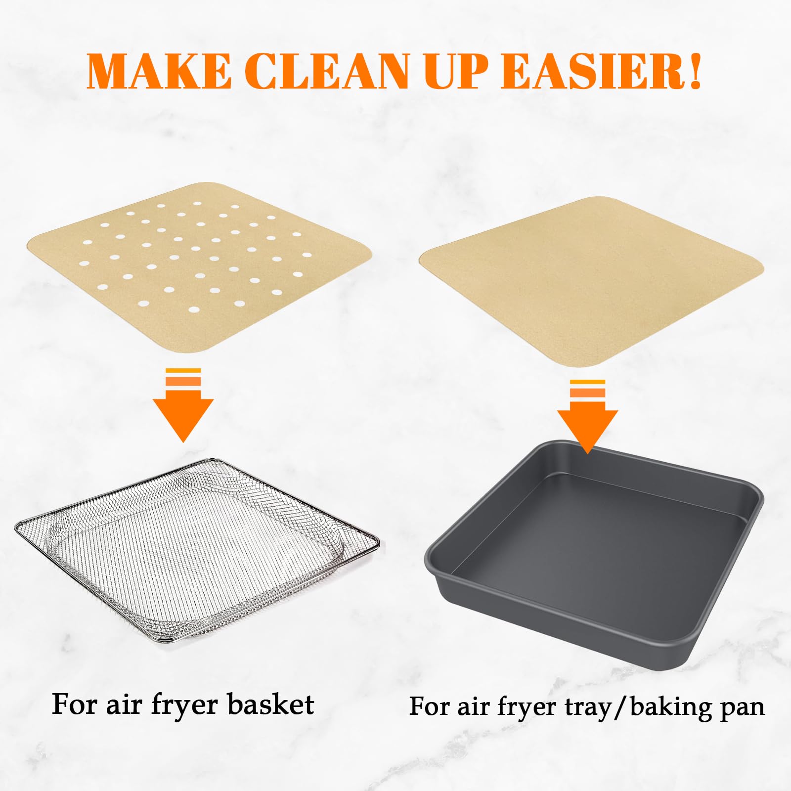 Golden Associate Forros de papel pergamino desechables de 12 x 12 pulgadas, 130 piezas, combo de hojas perforadas y sin agujeros, 65 piezas cada uno, freidora de aire, horno, tostador, bandeja