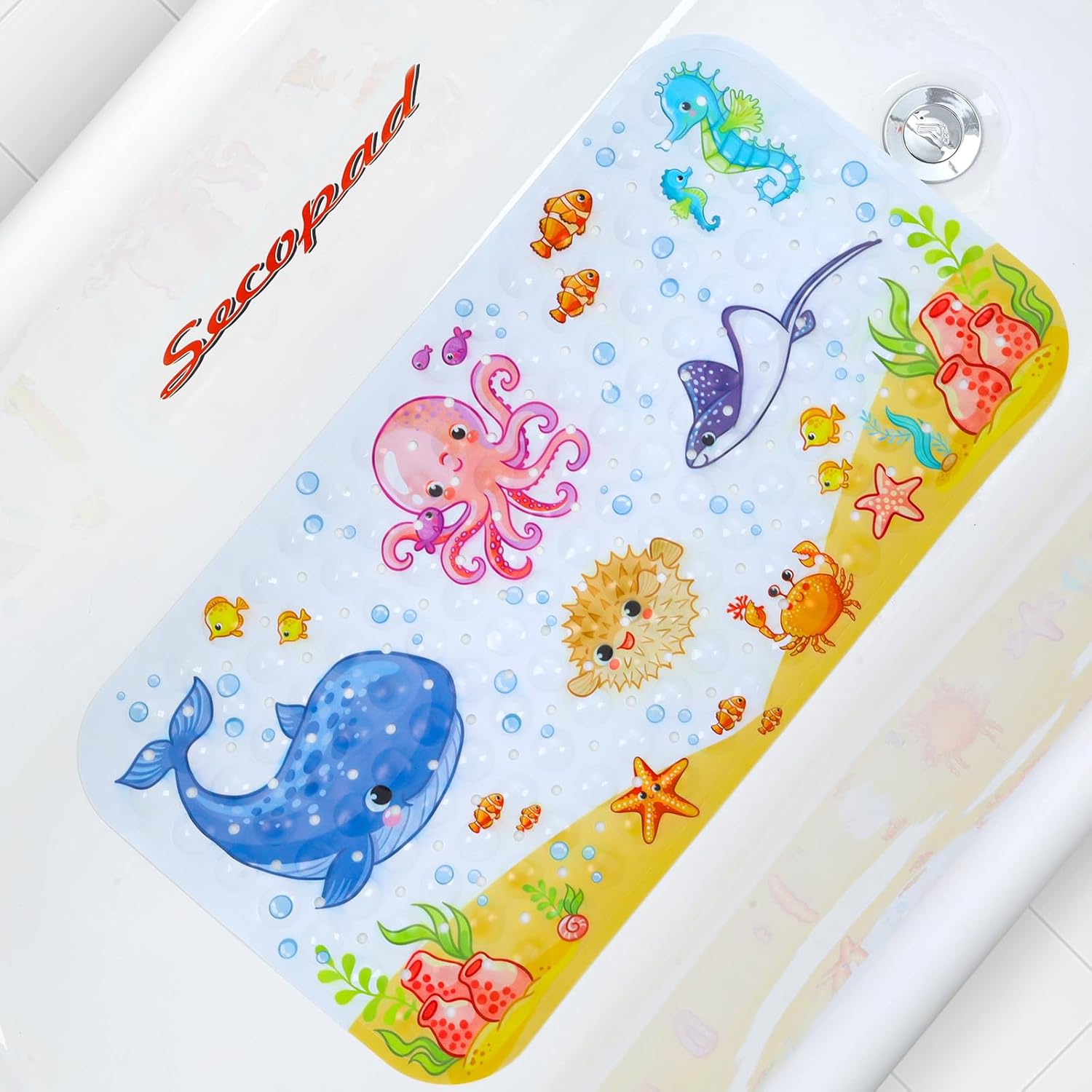 Bath Mat for Tub Non Slip, Machine Washable Anti-Slip Cartoon Baby Bathtub Shower Mat with Drain Holes and Suction Cups for Toddler & Kids, 27.5 Inch x 15 Inch-Rectangular, Pink Octopus