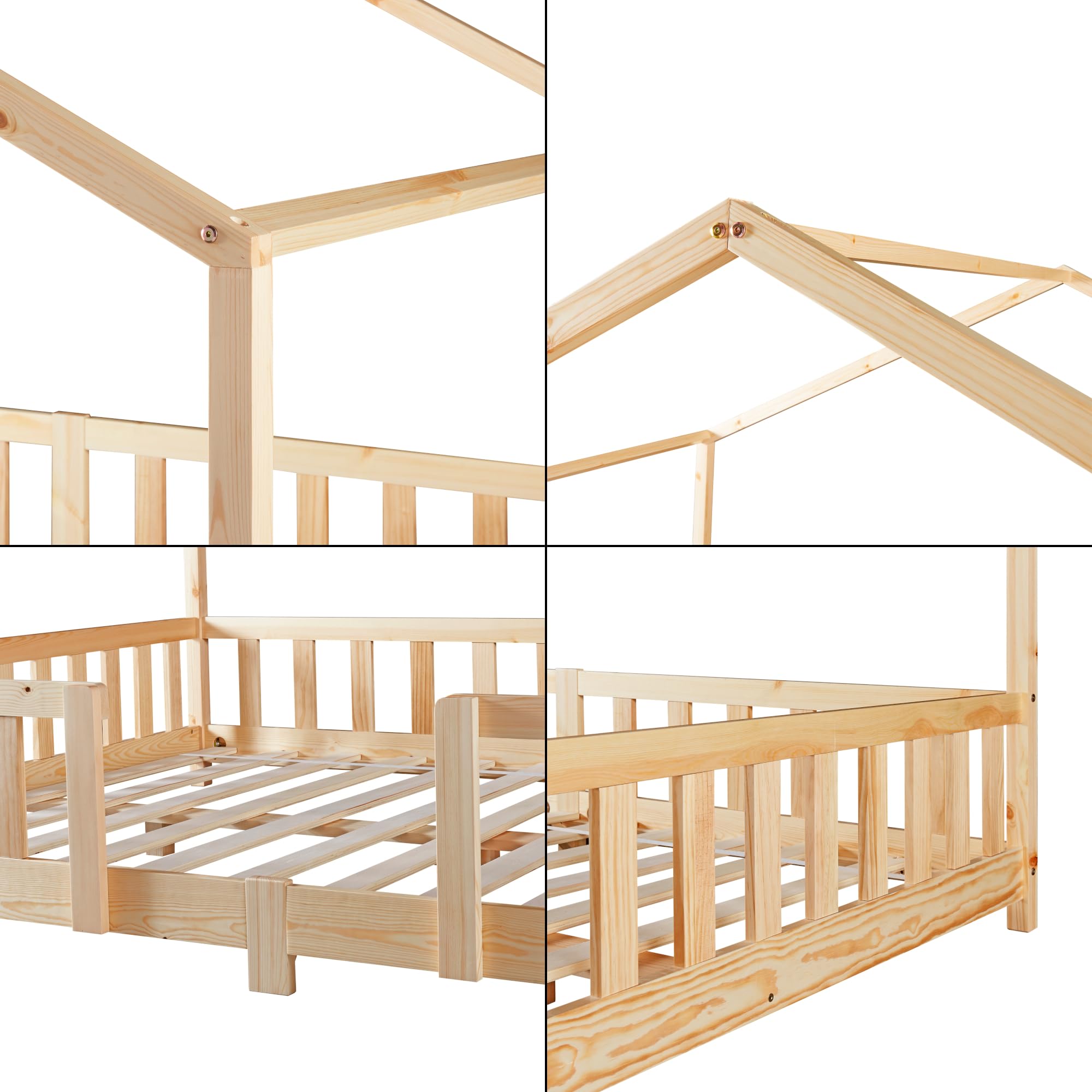 Lit Enfant Forme Maison - Bois Pin Naturel, Grille De Sécurité | Matelas Mousse Inclus 200x120cm