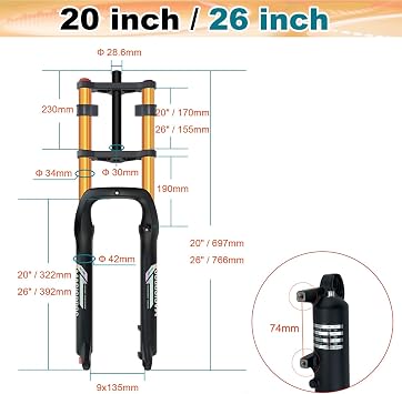20/26 Fat Tire E-Bike Suspension Fork Air Damping Double Crown 190mm Travel Disc Brake 135mm Hub QR 9mm for MTB/ATB/BMX/Snow Bike