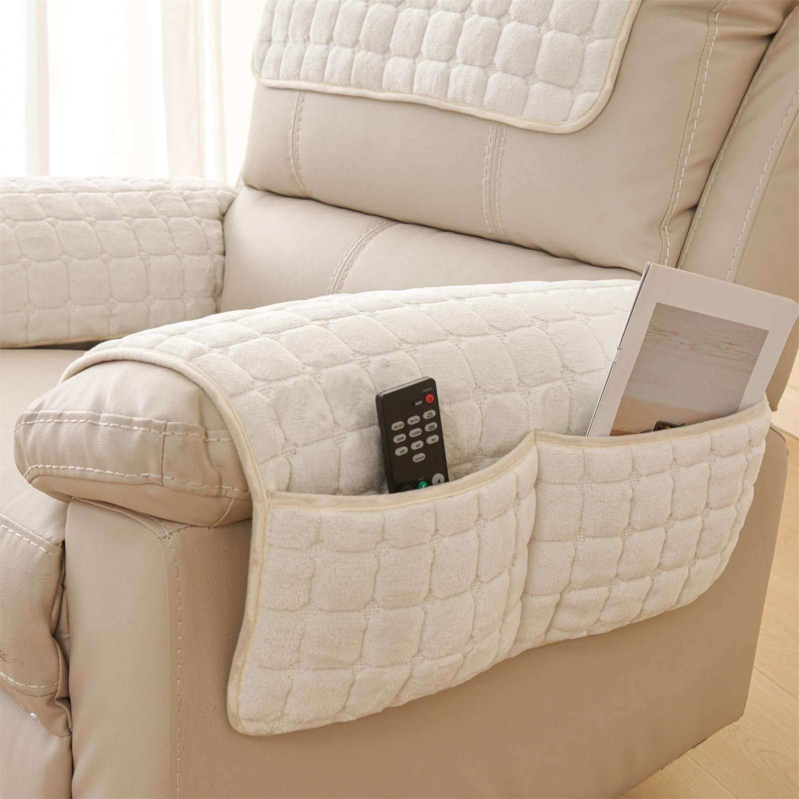 XDKS Anti-Slip Armchair Storage Bag, Headrest Covers for Chair Head Covers Furniture Winter Warm Sofa Headrest Leather Protector (White,Armrest)