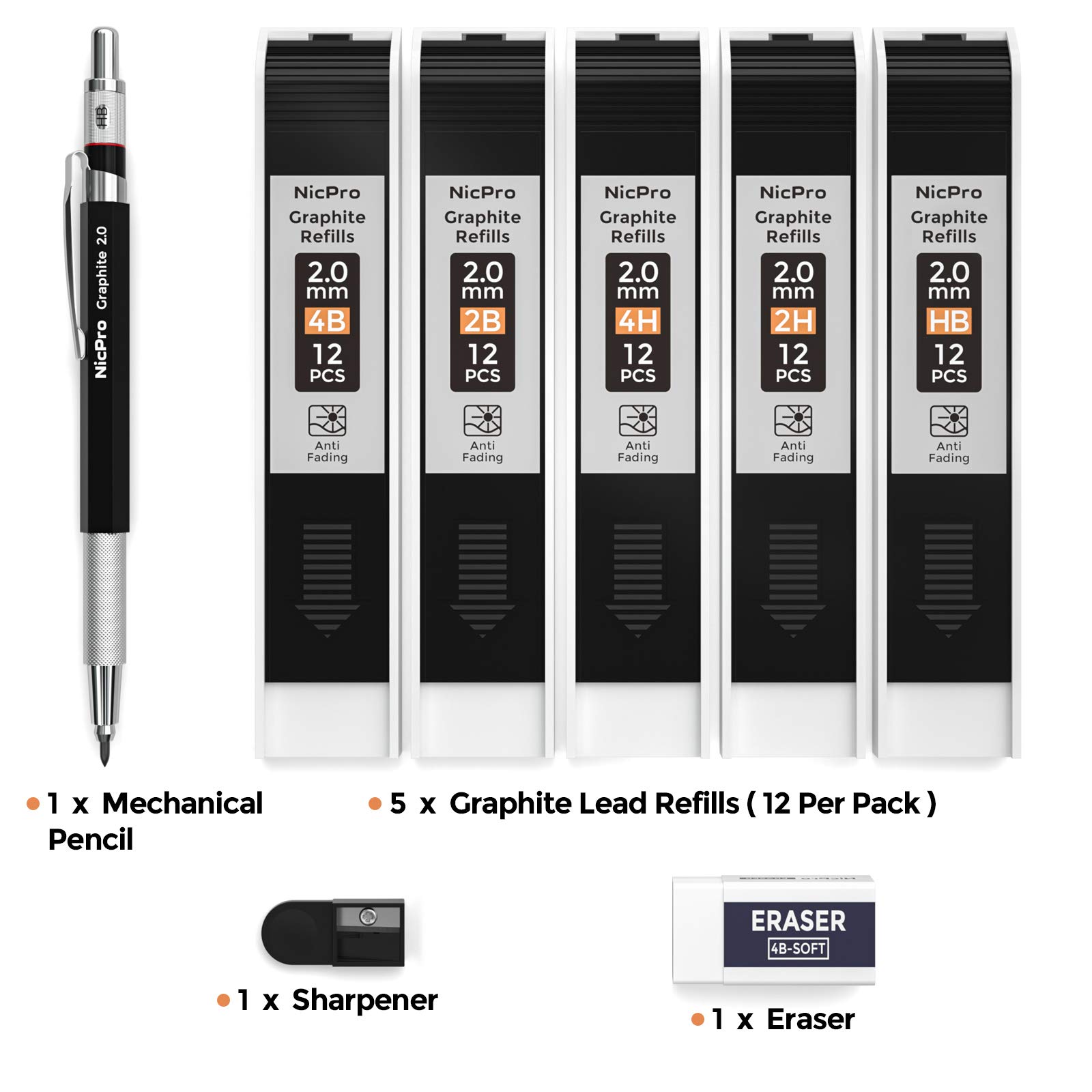 Nicpro 1 Pezzo Matita Meccanica 2mm Portamine Falegname Set con 5 Mine Grafite HB 2H 4H 2B 4B Nero