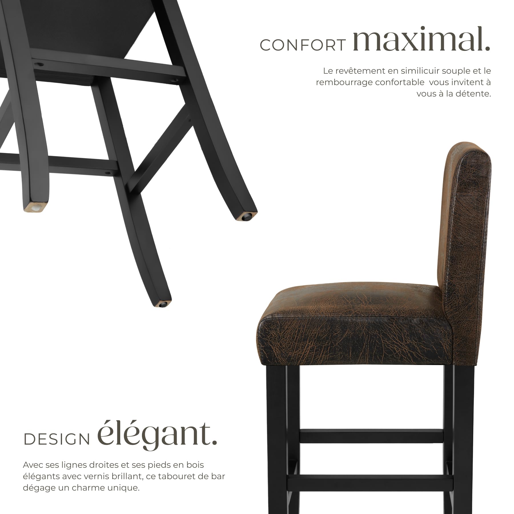 tectake® Lot de 2 Tabouret Bar en Bois & Cuir synthétique Chaise de Bar Chaise Haute Cuisine pour Ilot Central Rembourrée avec Dossier Tabouret Haut Comptoir Bar Salon