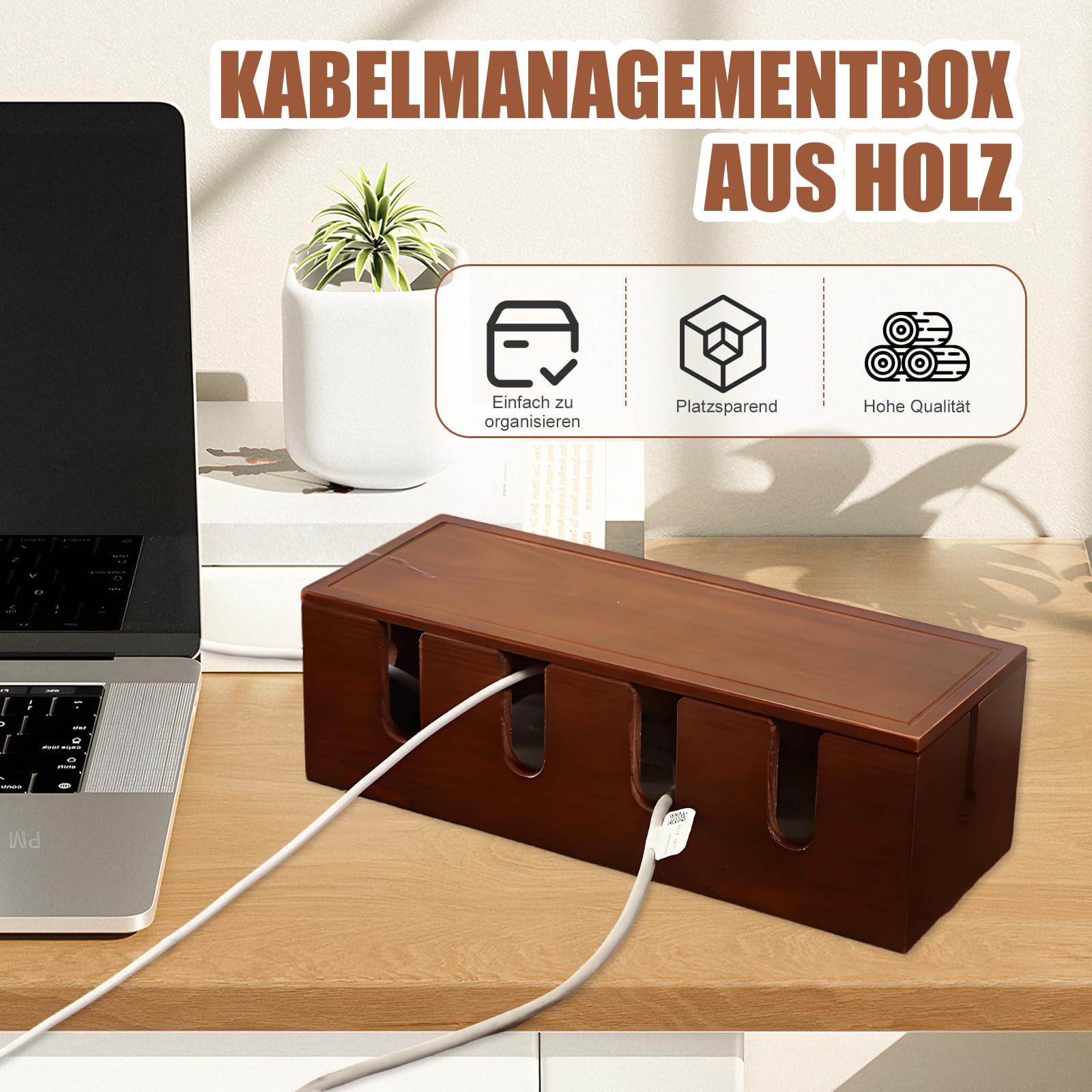 Massivholz Kabelmanagement Box 37,8x14x12cm - Große Kabelbox zum Verstecken von Steckdosenleisten und Kabeln - Braun Holz Kabel Organizer für Schreibtisch, TV und Büro - Kinder- und Haustiersicher
