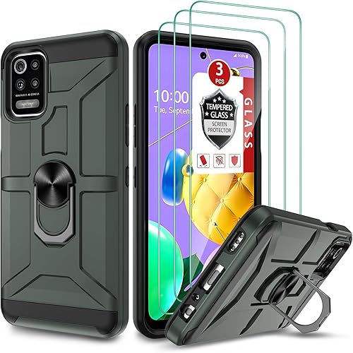 Funda para LG K52LG Q52LG K42LG K62, LG K62  K62 Plus con 3 protectores de pantalla de vidrio templado, soporte de anillo integrado y soporte
