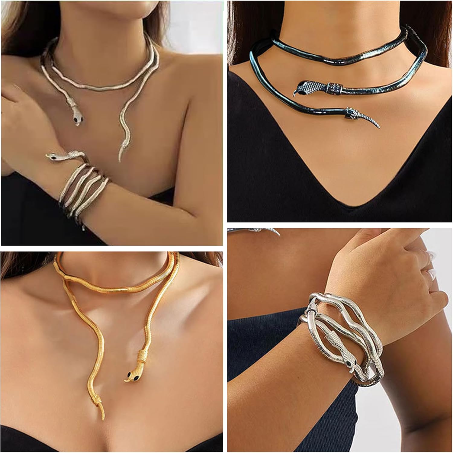 3/4Pcs Bendable Snake Jewelry Set - Adjustable Multi-Way Punk Choker & Bracelet Flexible Gothic Necklace & Arm Chain - Halloween Body Jewelry for Women - Image 5
