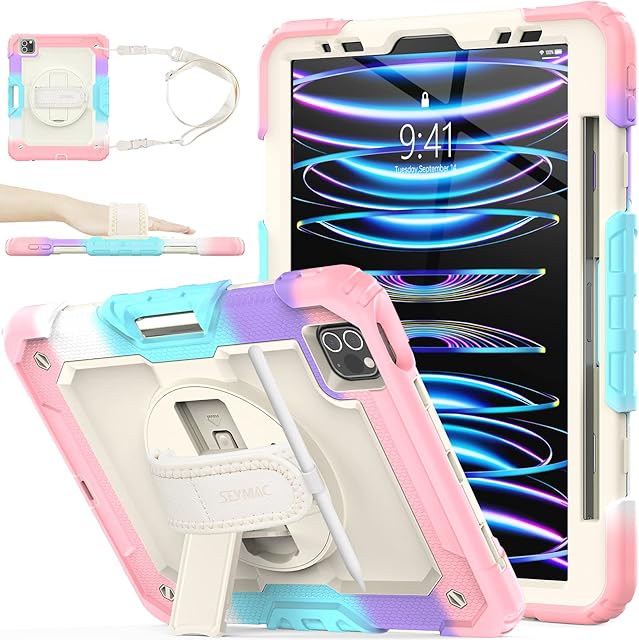 SEYMAC stock iPad Pro 11 Case for Girls, Full Body Protective Case with Screen Protector Pencil Holder [360 Rotating Hand Strap] & Stand for iPad Pro 11 Inch 2022/2021/2020/2018 (Camo+Pink)