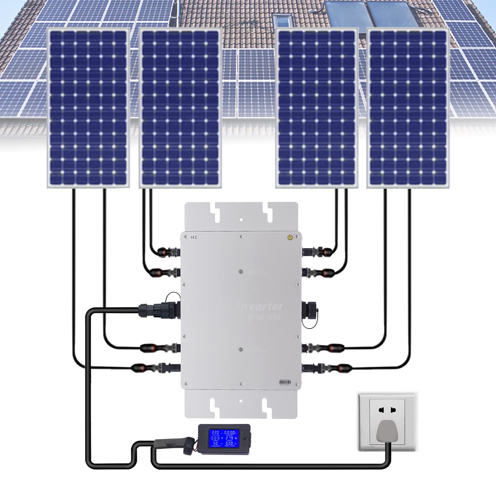 Solar Wechselrichter Mikro Wechselrichter Wasserdichter Netzbinder Wechselrichter PV Solar Grid Tie Micro Inverter Modul LCD Anzeige Elektrische Isolierung 1200W (Silver)