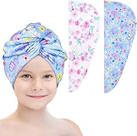 Vista 15 de Basumee Toalla Envolvente de Microfibra para el Cabello para Niños Paquete de 2 Toallas de Cabello de Secado Rápido con Botón Turbantes para Cabello