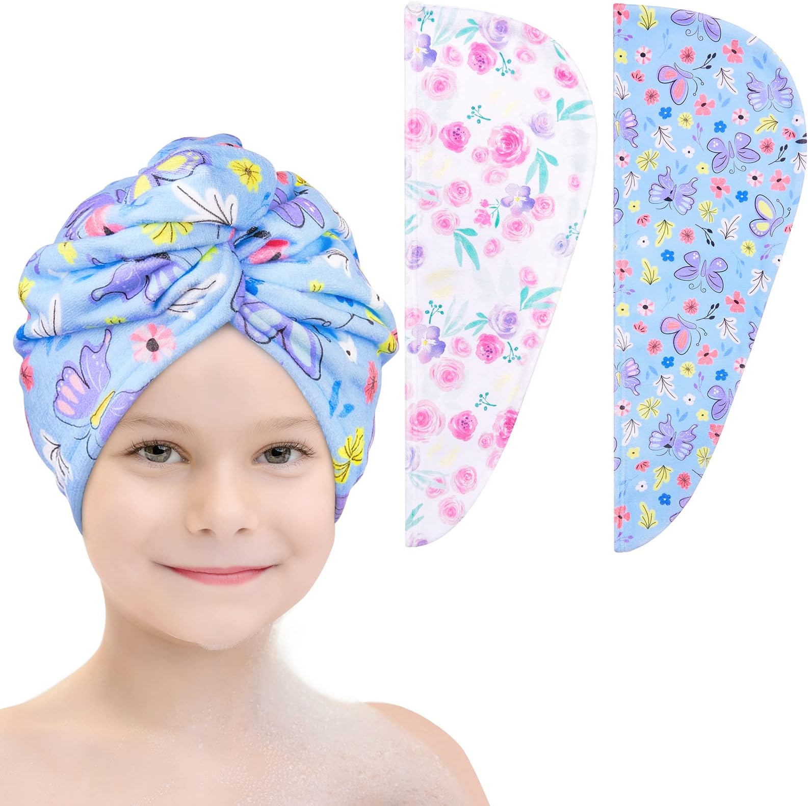 Basumee Microfiber Hair Towel Wrap for Kids 2 Pack Rapid Drying Hair Towel with Button Hair Turbans for Wet Hair Wraps Head Towel Wrap for Women and Girls, Flower