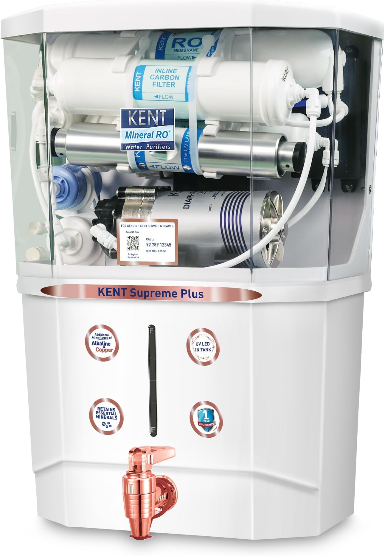 - KENT Supreme Plus Alkaline+Copper RO Water Purifier | RO+UV+UF+Alk +Cu+TDSControl+UV LED Tank|Advanced ROTech for Sabse Shudh Paani | Auto Flush | 8L| 20LPH | Ideal for Borewell/Tanker/Municipal Water