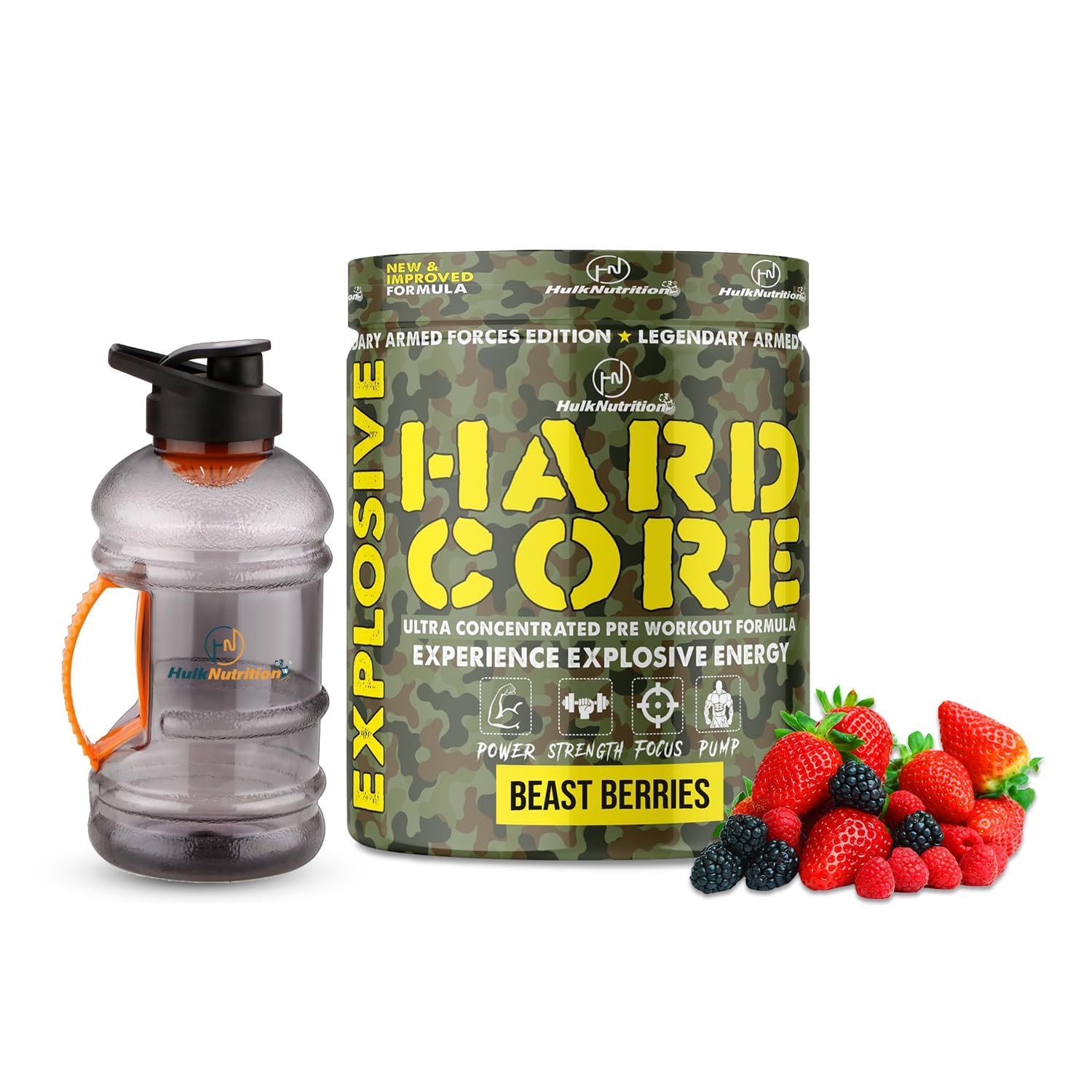 Hulk Nutrition Preworkout | Lean Muscles Building | Strength | Mental Focus | Energy | Powerful Pumps | Next Generation Preworkout Formulation with Creatine Monohydrate, Beta Alanine, AAKG, Vitamin C & Caffeine - For Men & Women [30 Servings, Beast Berries] Free Gallon Shaker Bottle