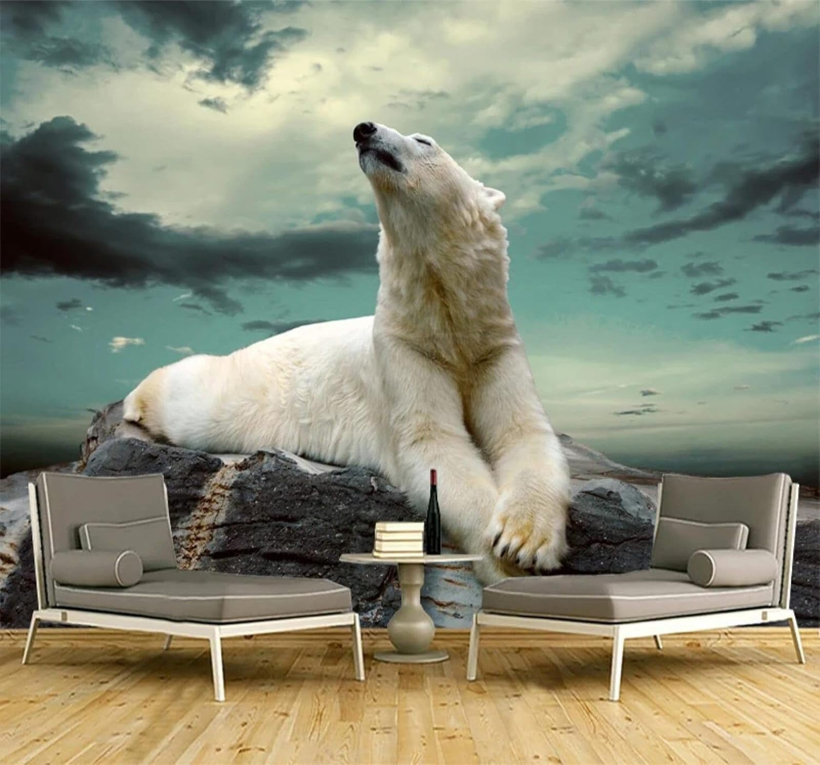 XLMING Minimalist Three Dimensional Cartoon Animal Polar Bear 3D Wallpaper Silky Texture Home Study Office Grey Dining Room Sofa Bedroom Living Room TV Backdrop-250cm×170cm